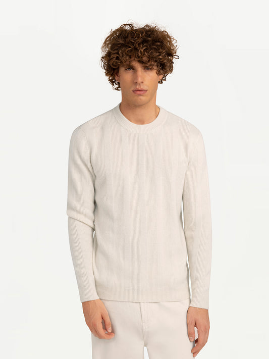 Men's Organic Cashmere Vertical-Striped Sweater Off White - Gobi Cashmere