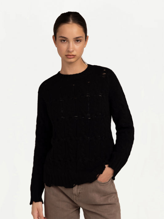 Women's Distressed Cashmere Crew-Neck Sweater Black - Gobi Cashmere 