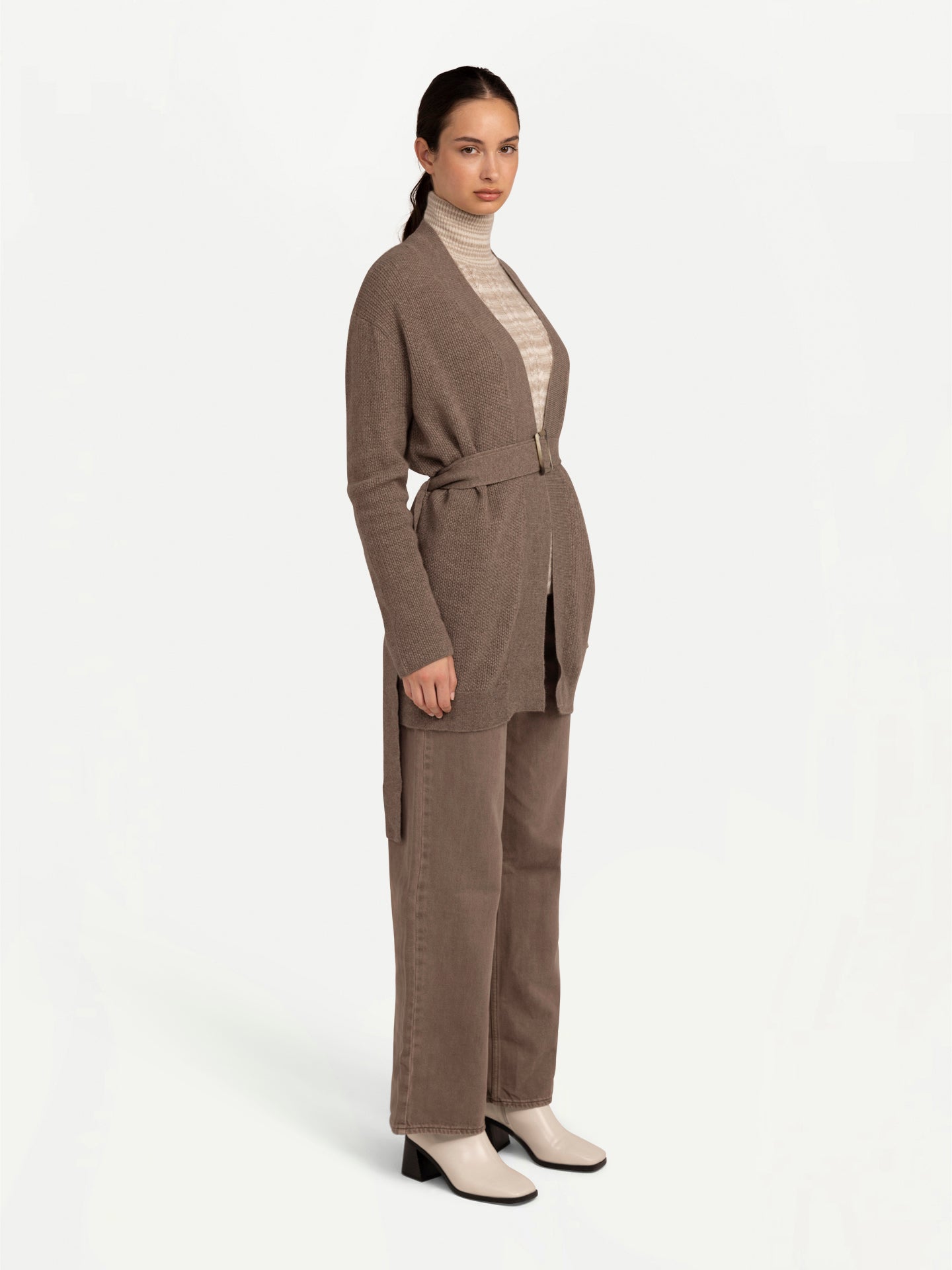 Unisex Organic Colour Belted Cashmere Cardigan Taupe - Gobi Cashmere