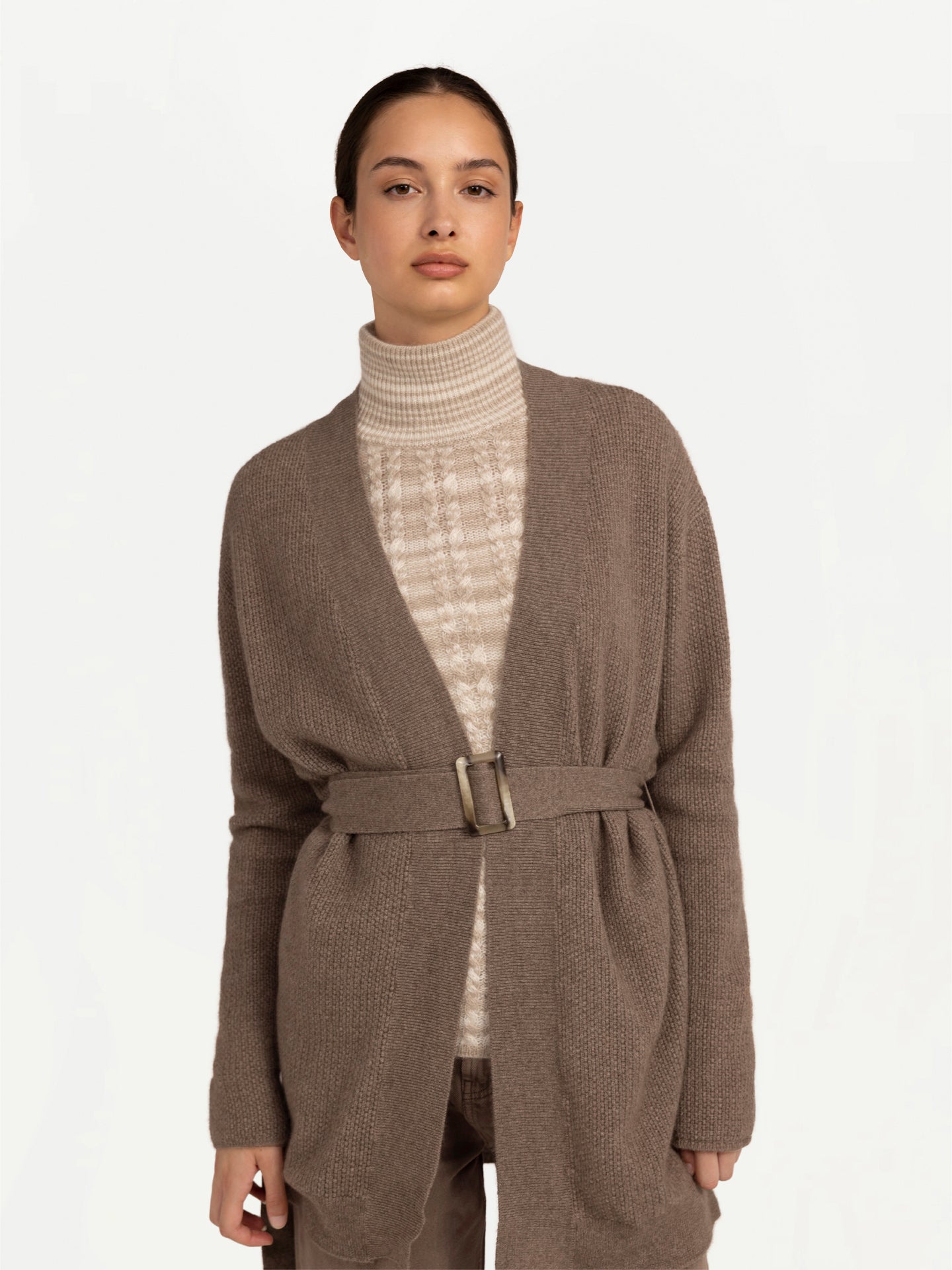 Unisex Organic Colour Belted Cashmere Cardigan Taupe - Gobi Cashmere