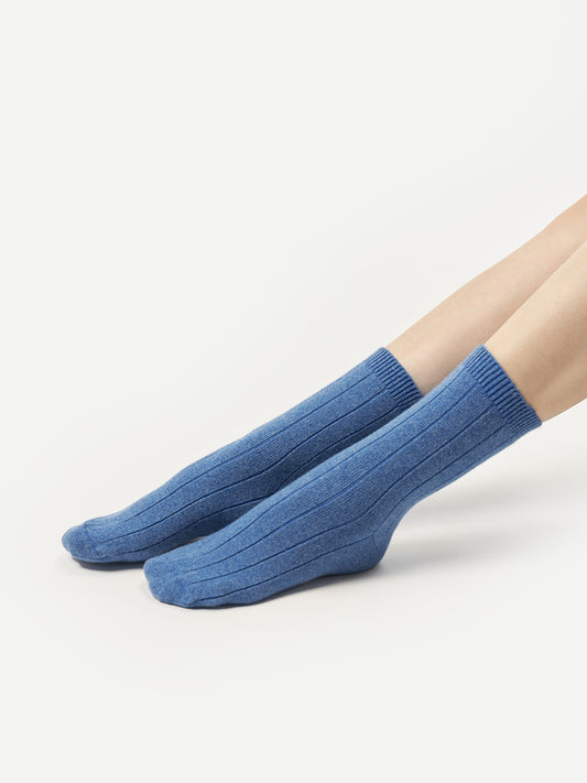 Unisex Cashmere Trim Knit Bed Socks Blue - Gobi Cashmere