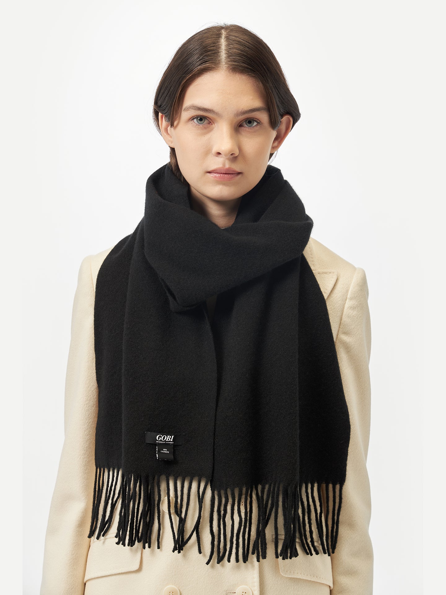 Unisex Cashmere Fringed Scarf Black - Gobi Cashmere