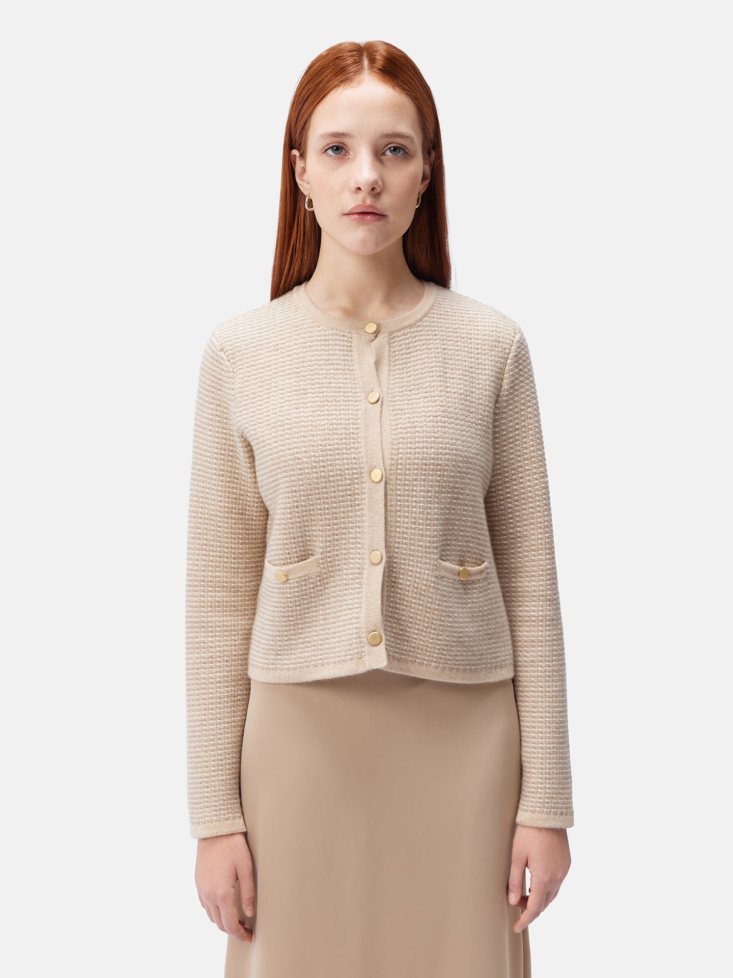 Women's Organic Colour Cashmere Jacquard Cardigan Beige - Gobi Cashmere