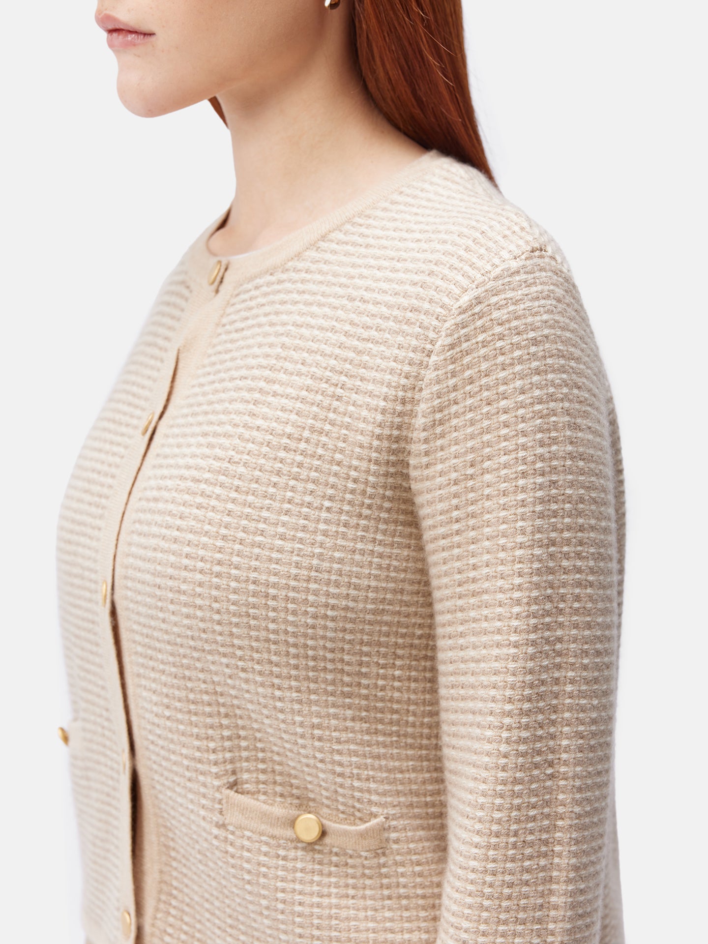 Women's Organic Colour Cashmere Jacquard Cardigan Beige - Gobi Cashmere