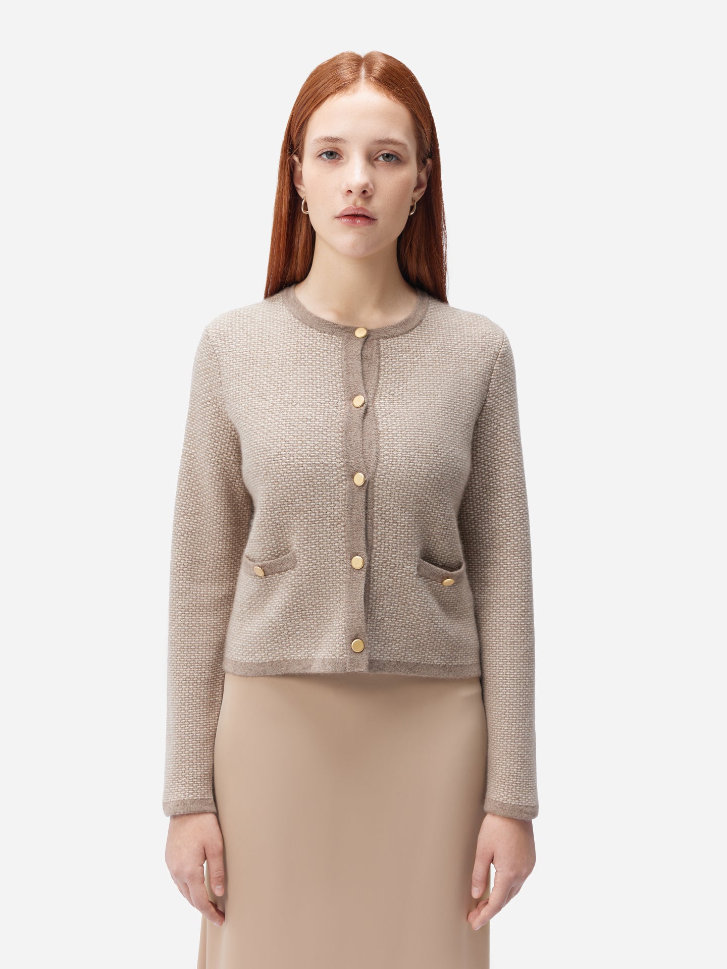 Women's Organic Colour Cashmere Jacquard Cardigan Taupe - Gobi Cashmere