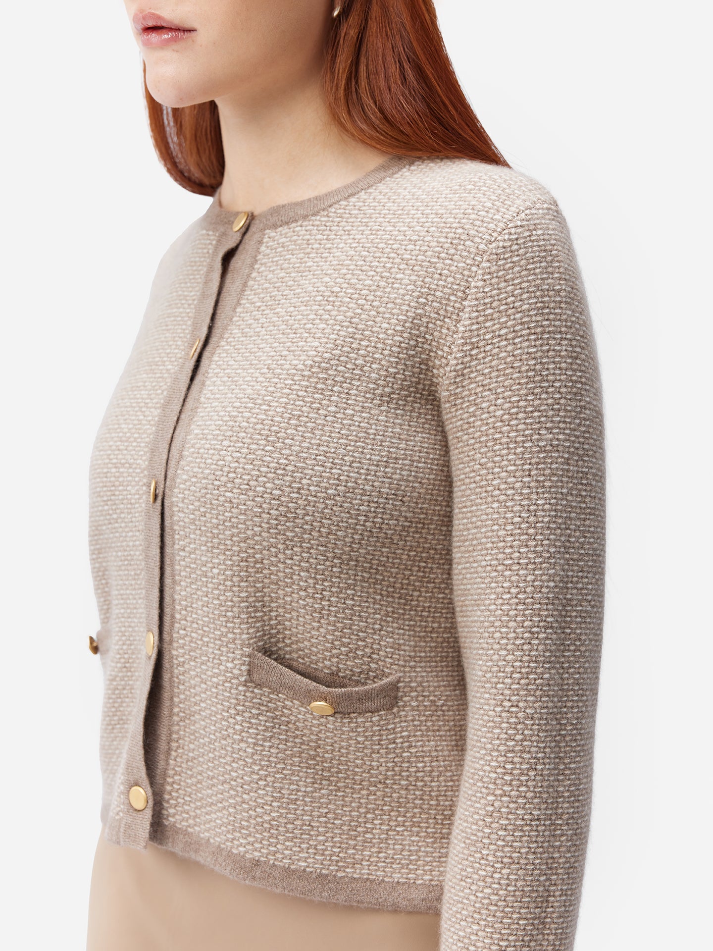 Women's Organic Colour Cashmere Jacquard Cardigan Taupe - Gobi Cashmere