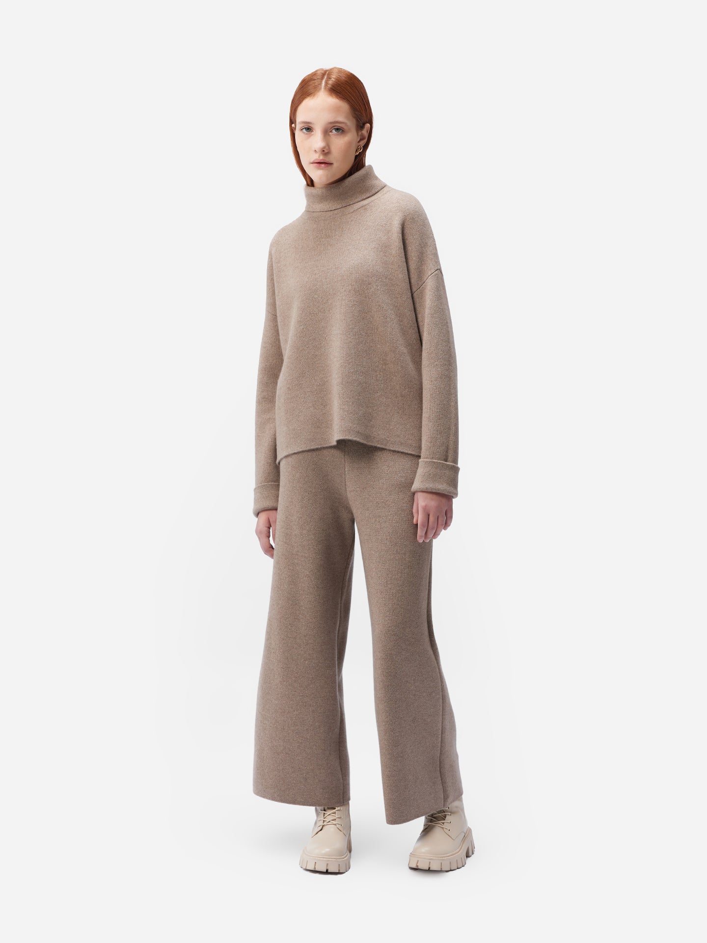 Women's Organic Cashmere Roll-Neck Sweater Taupe - Gobi Cashmere