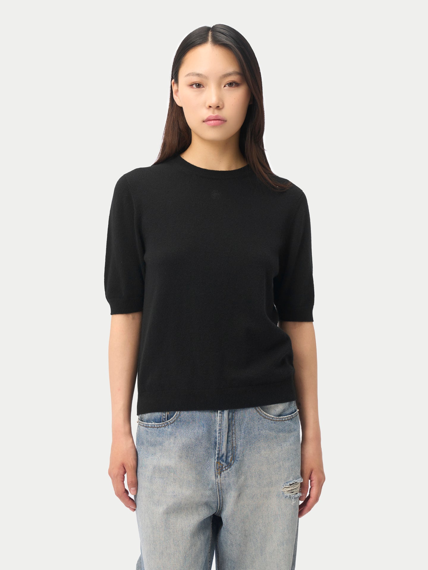 Women's Cashmere Elbow-Length Sleeve Cashmere Sweater Black  - Gobi Cashmere