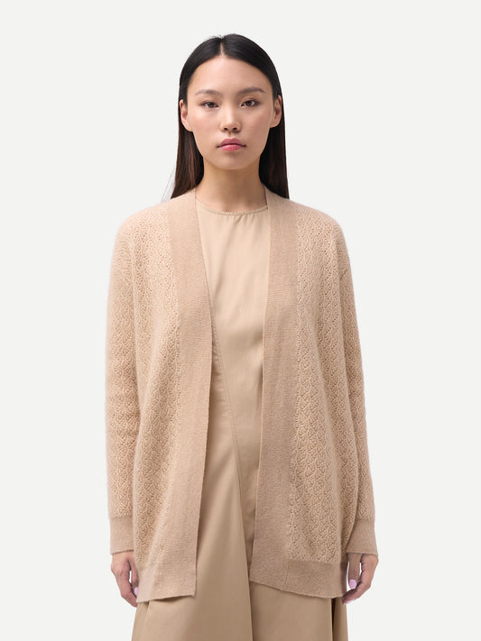 Organic Colour Ajour Knit Open-Front Cashmere Cardigan Beige - Gobi Cashmere