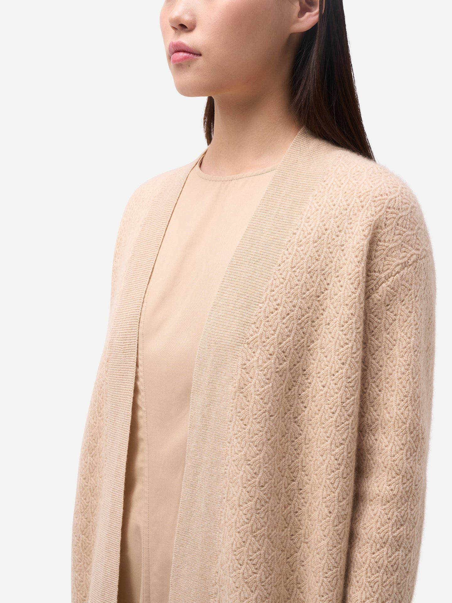 Organic Colour Ajour Knit Open-Front Cashmere Cardigan Beige - Gobi Cashmere
