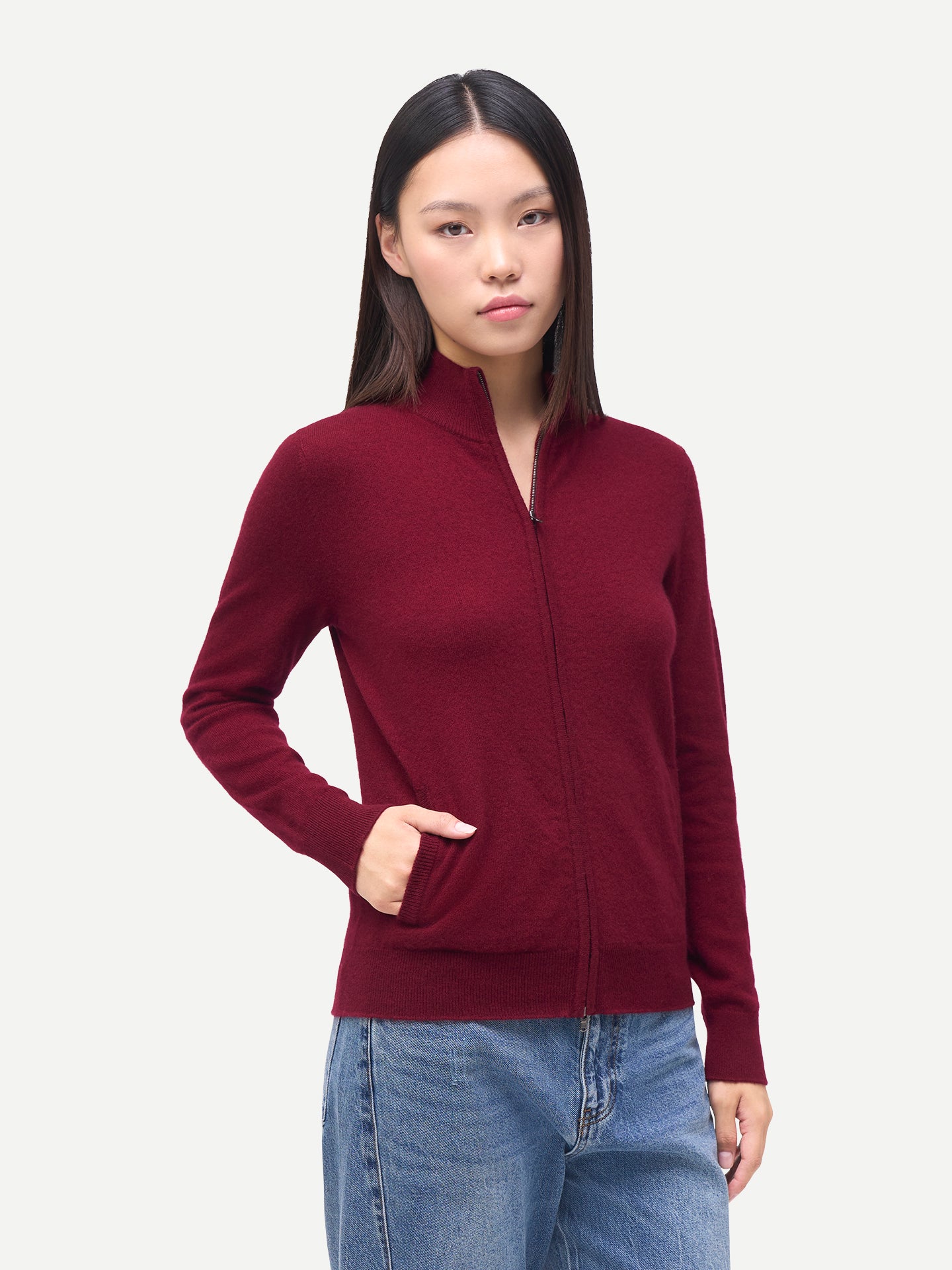 Women's Classic Cashmere Full-Zip Cardigan Bordeaux | GOBI Cashmere