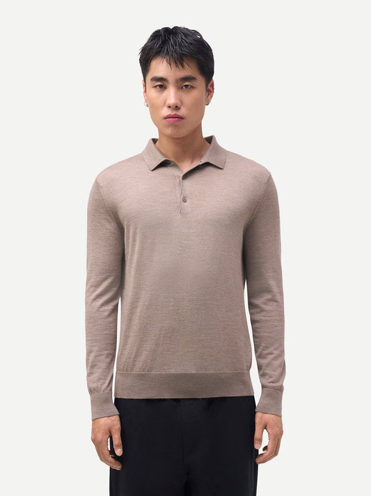 Men Classic Polo Shirt with Long Sleeve Taupe - Gobi Cashmere