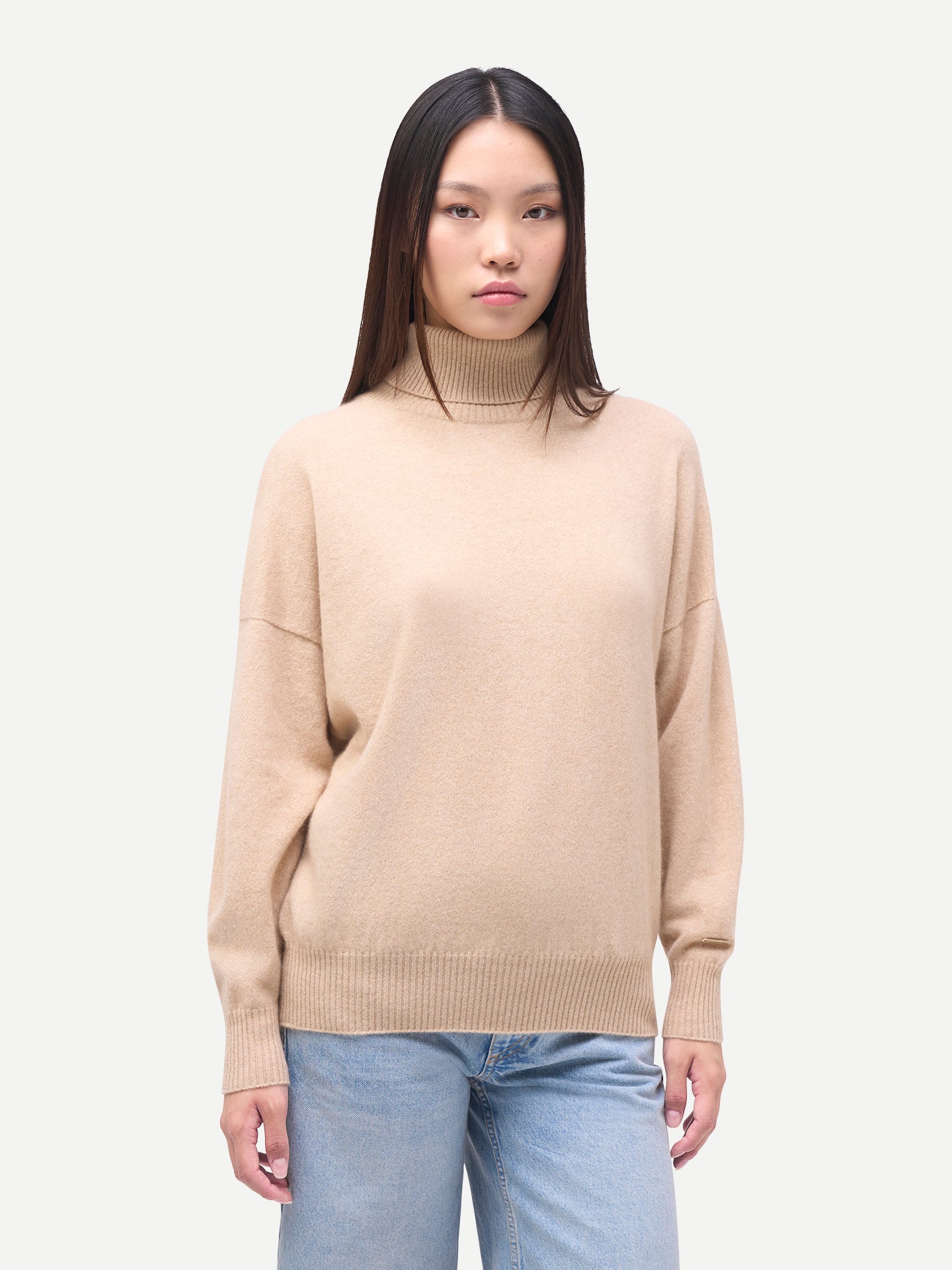 Women's Cashmere T-Neck  Cashmere Sweater Beige - Gobi Cashmere