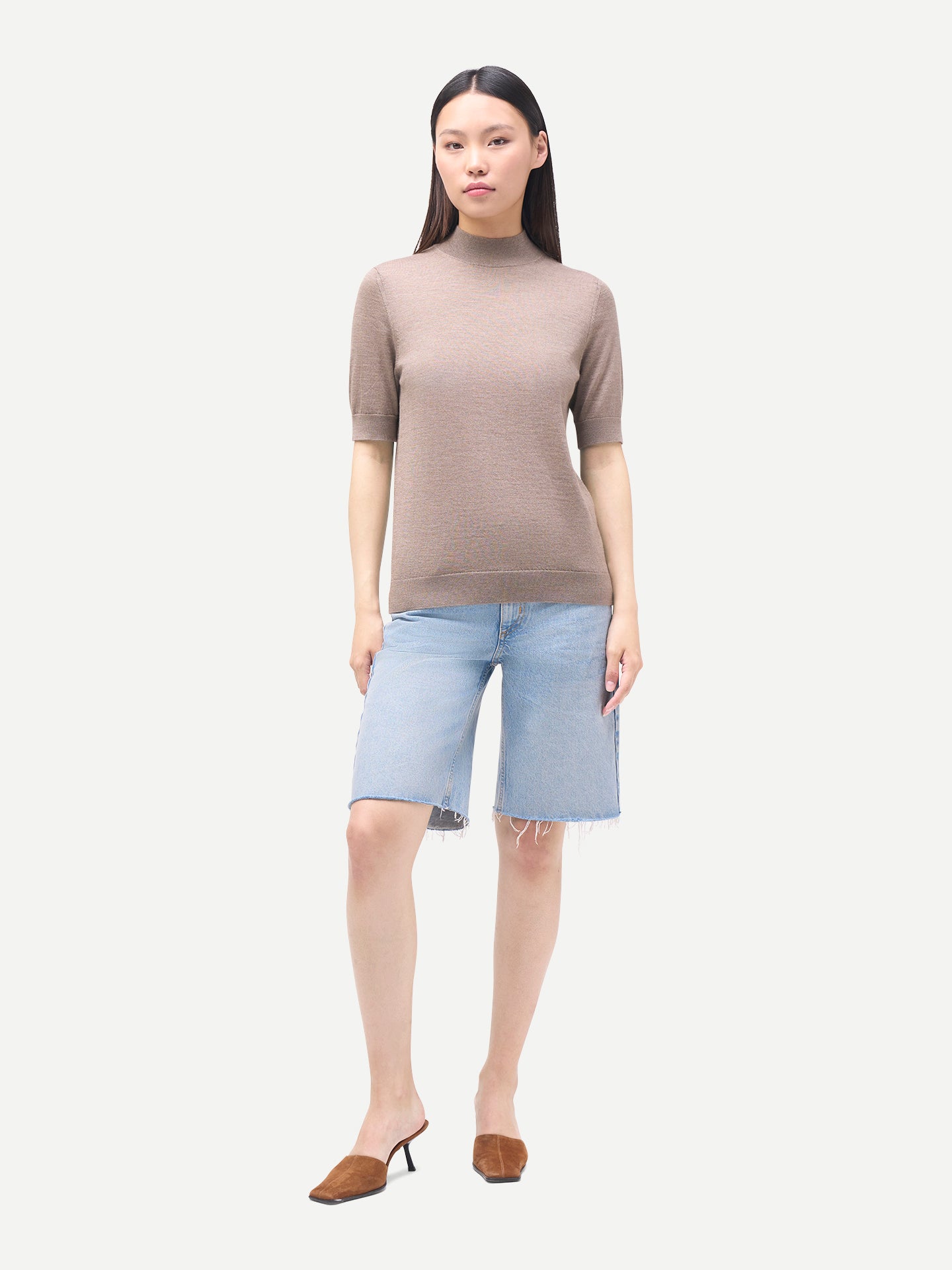 Women's Cashmere Cashmere Silk Shirt with High Neck Taupe - Gobi Cashmere