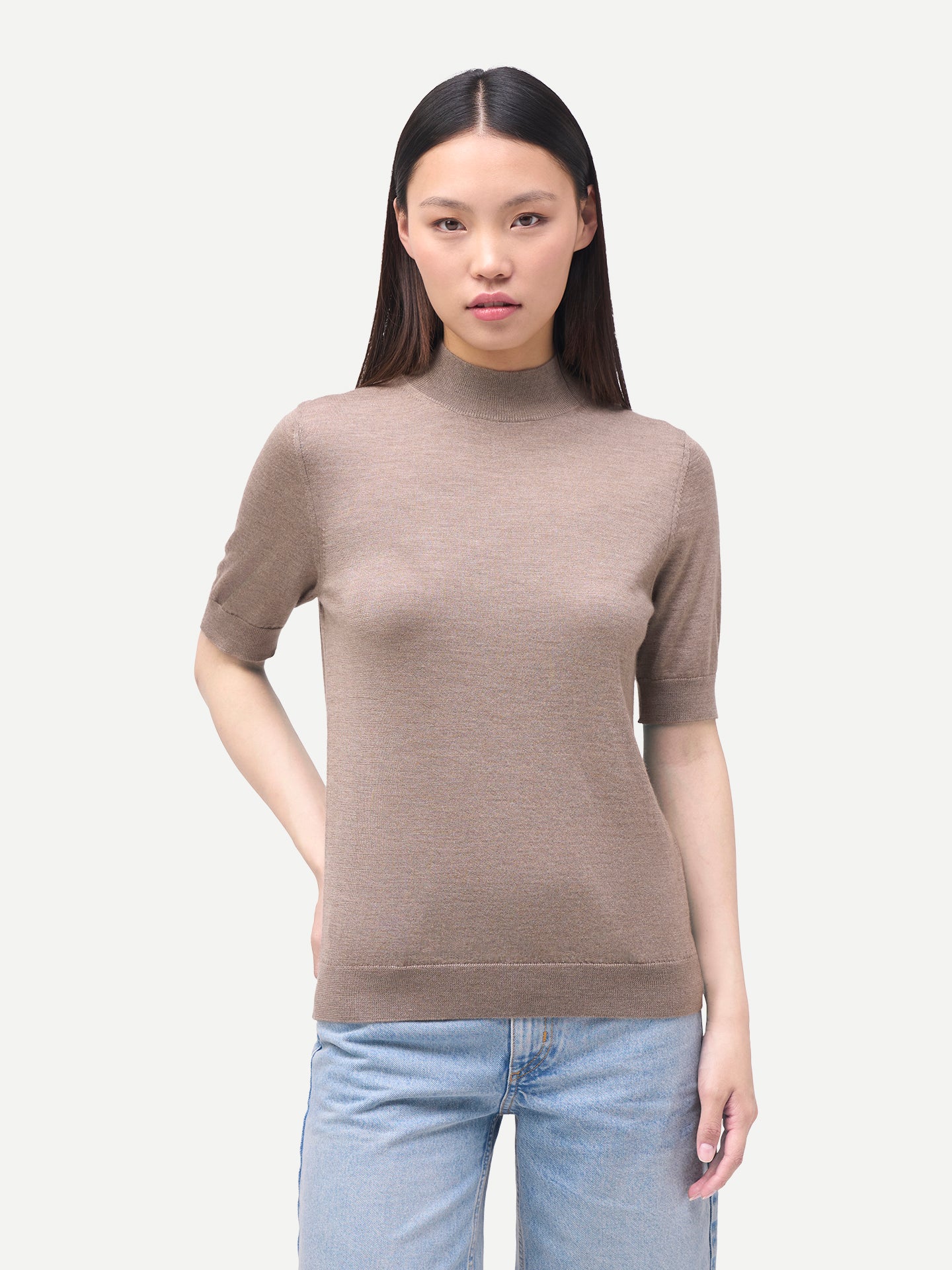 Women's Cashmere Cashmere Silk Shirt with High Neck Taupe - Gobi Cashmere