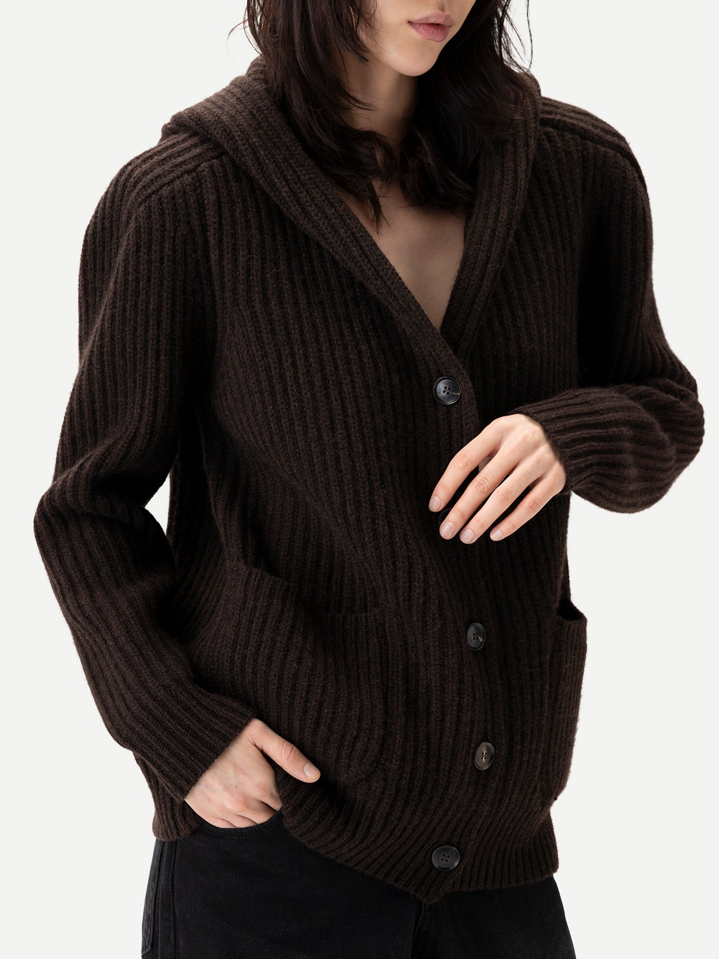 Women's Wide-Shoulder Hooded Cashmere Cardigan Mole| GOBI