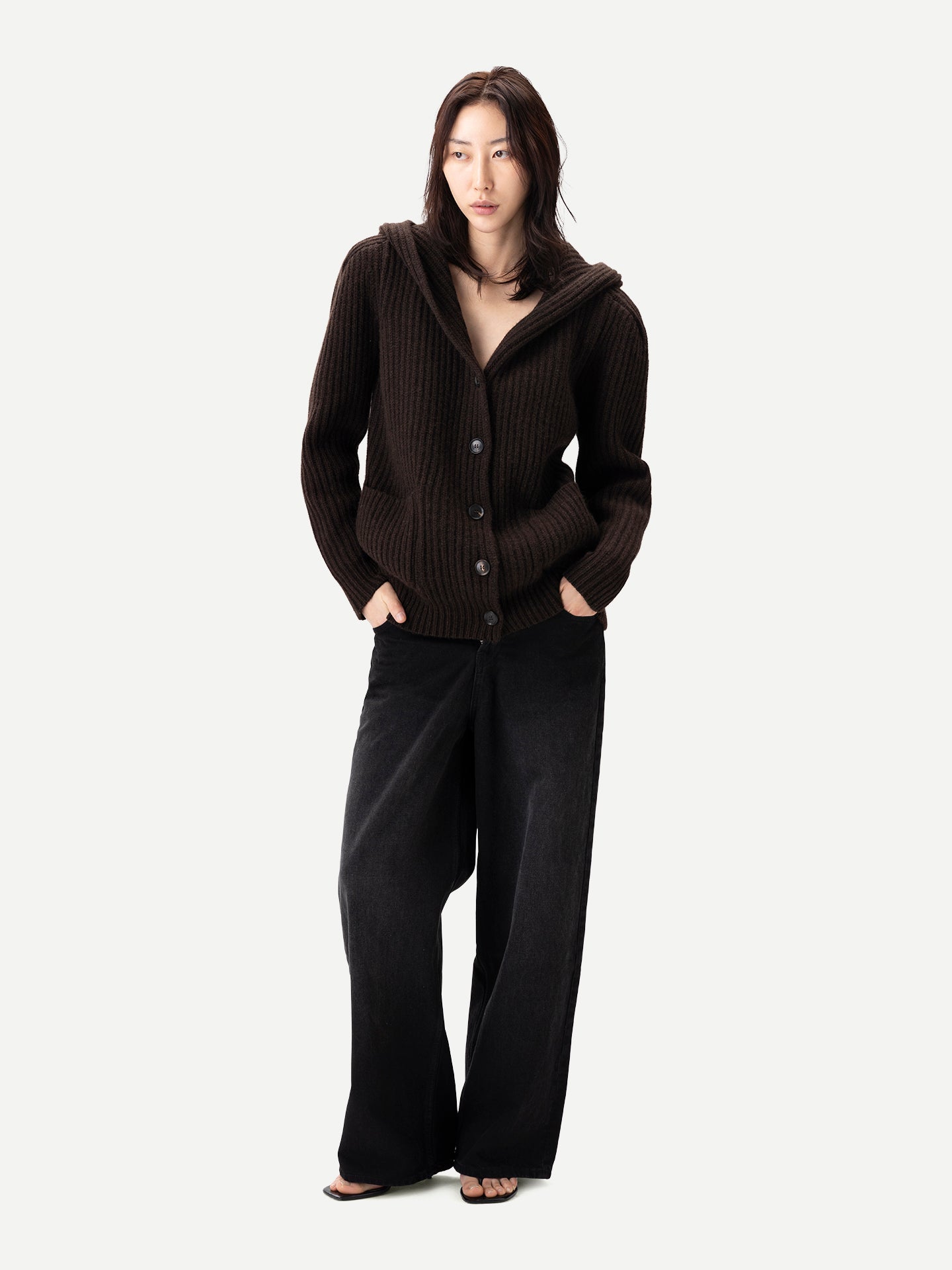 Women's Wide-Shoulder Hooded Cashmere Cardigan Mole| GOBI