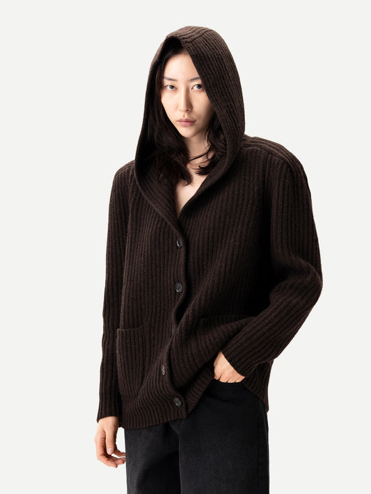 Women's Wide-Shoulder Hooded Cashmere Cardigan Mole| GOBI