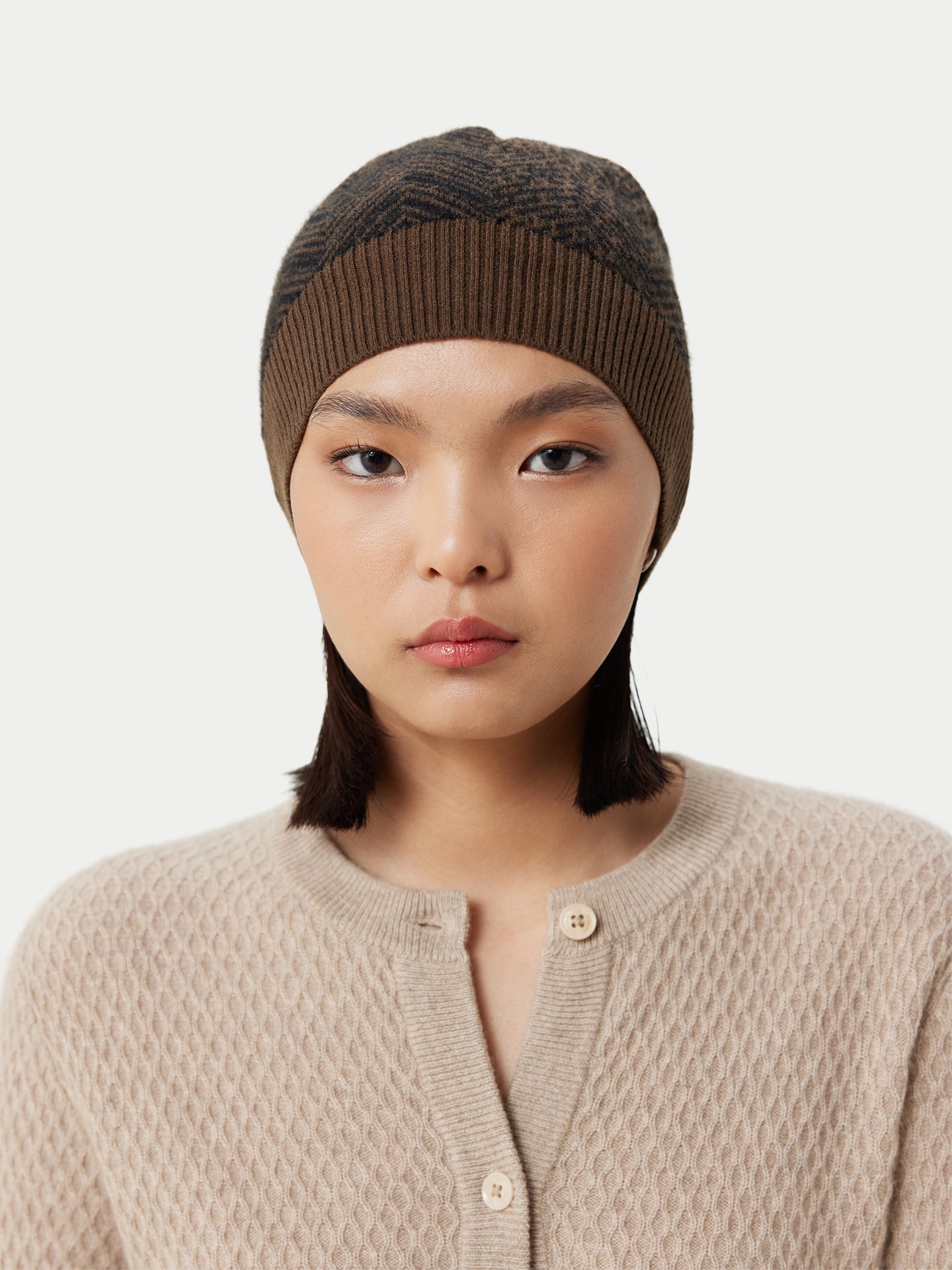 Unisex Cashmere Jacquard Knitted Hat Sepia - Gobi Cashmere