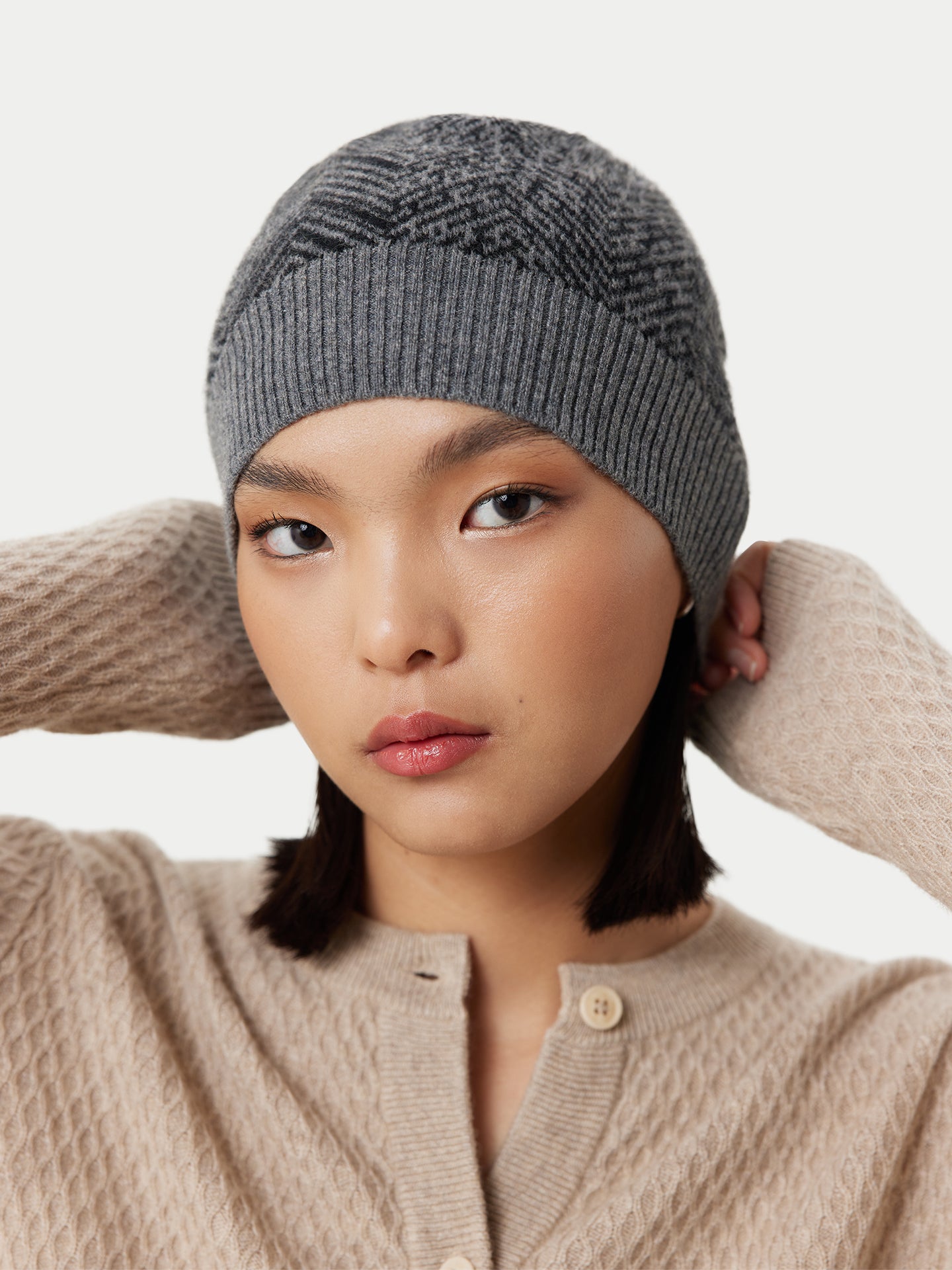 Unisex Cashmere Jacquard Knitted Hat Stone Gray - Gobi Cashmere