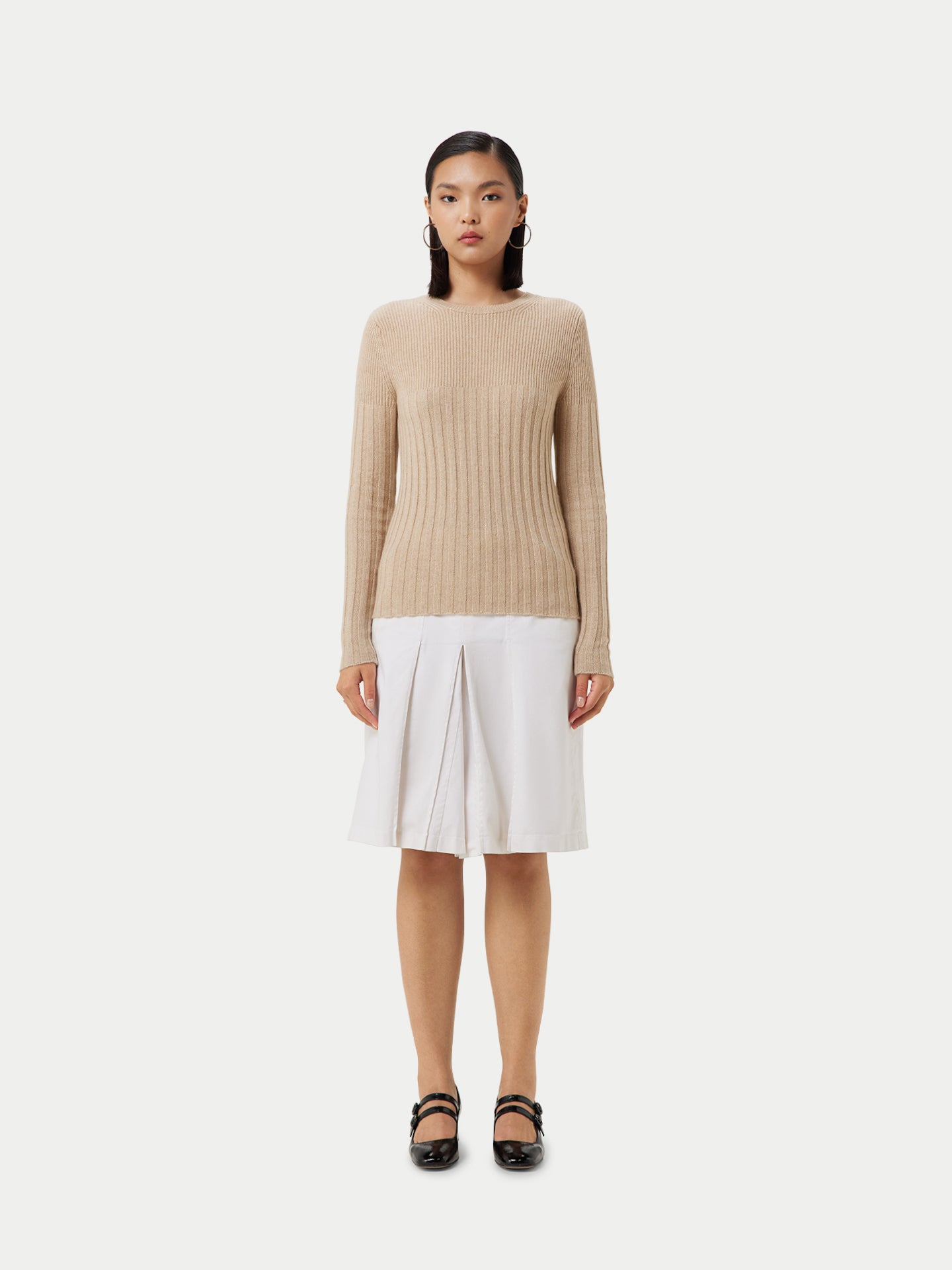 Women's Organic Rib-Knit Cashmere Crew Neck Sweater Beige - Gobi Cashmere