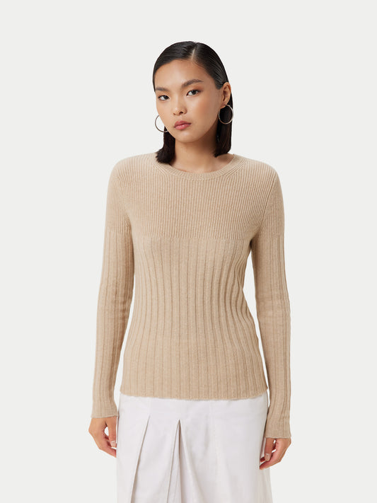 Women's Organic Rib-Knit Cashmere Crew Neck Sweater Beige - Gobi Cashmere