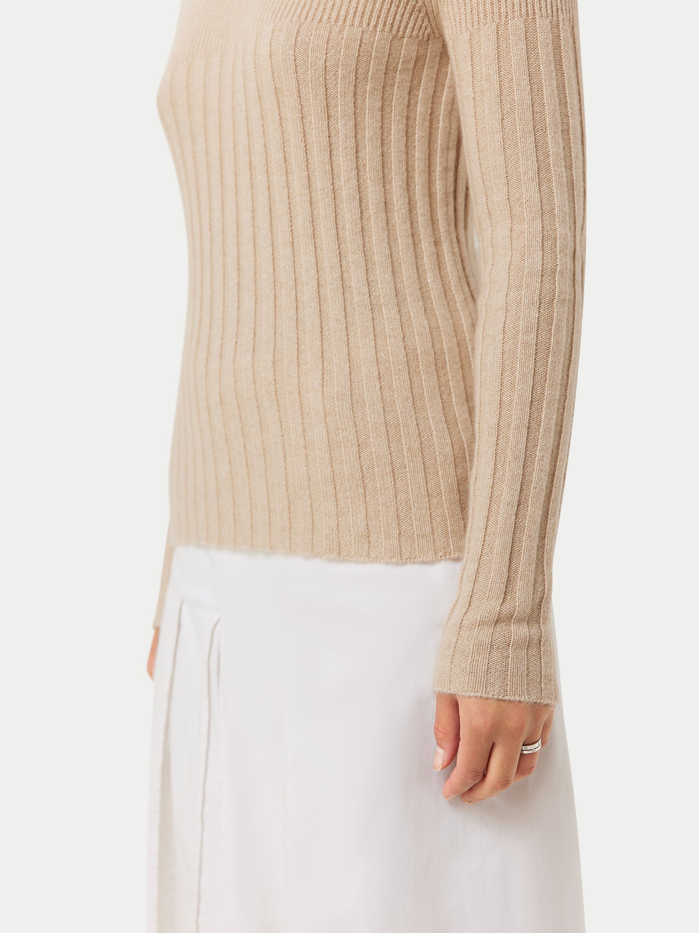 Women's Organic Rib-Knit Cashmere Crew Neck Sweater Beige - Gobi Cashmere