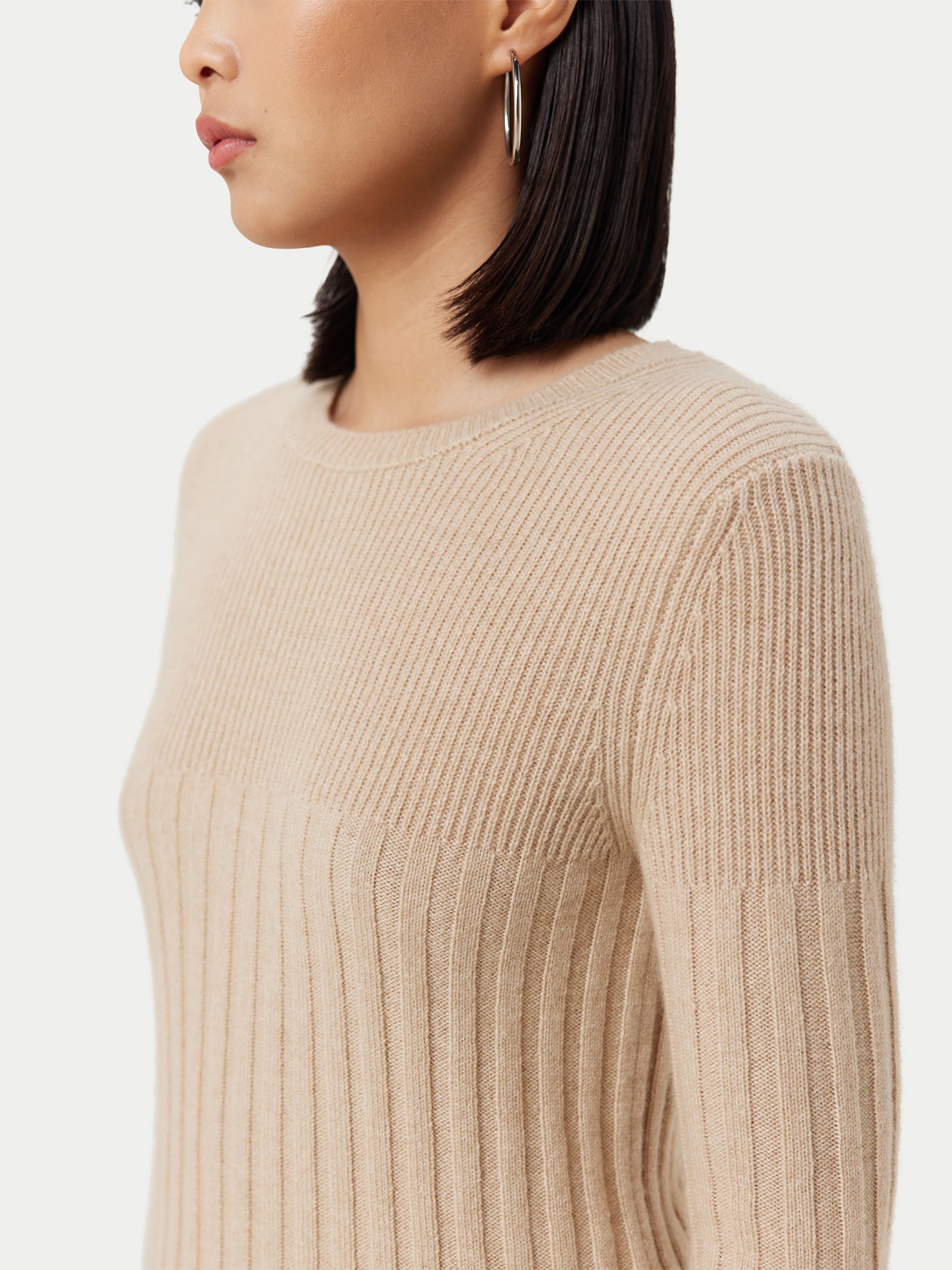 Women's Organic Rib-Knit Cashmere Crew Neck Sweater Beige - Gobi Cashmere