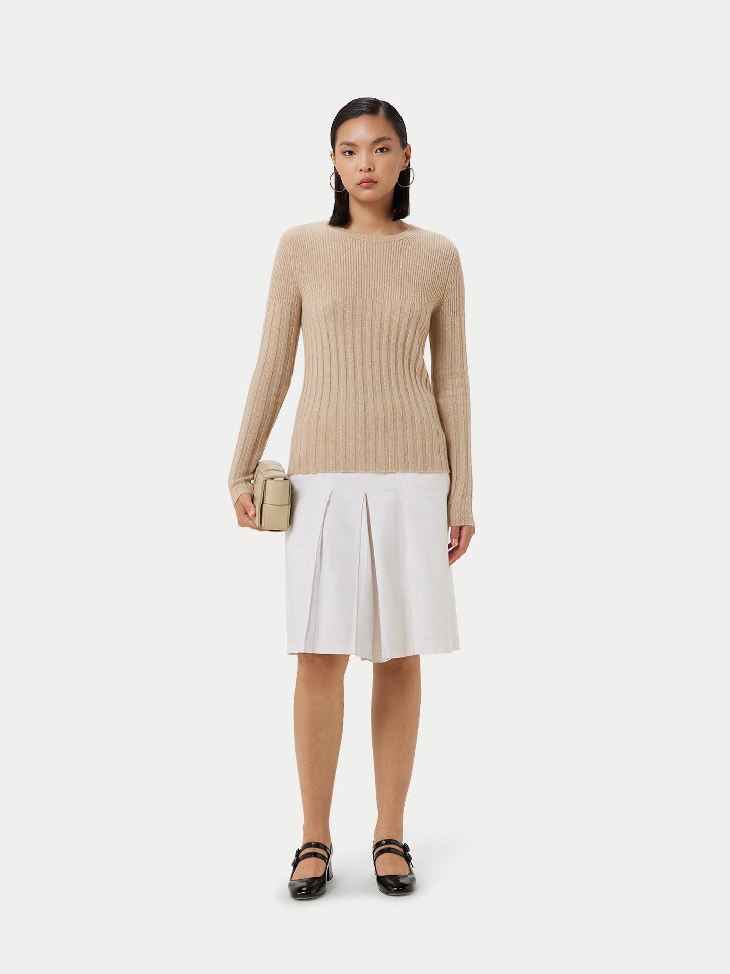 Women's Organic Rib-Knit Cashmere Crew Neck Sweater Beige - Gobi Cashmere