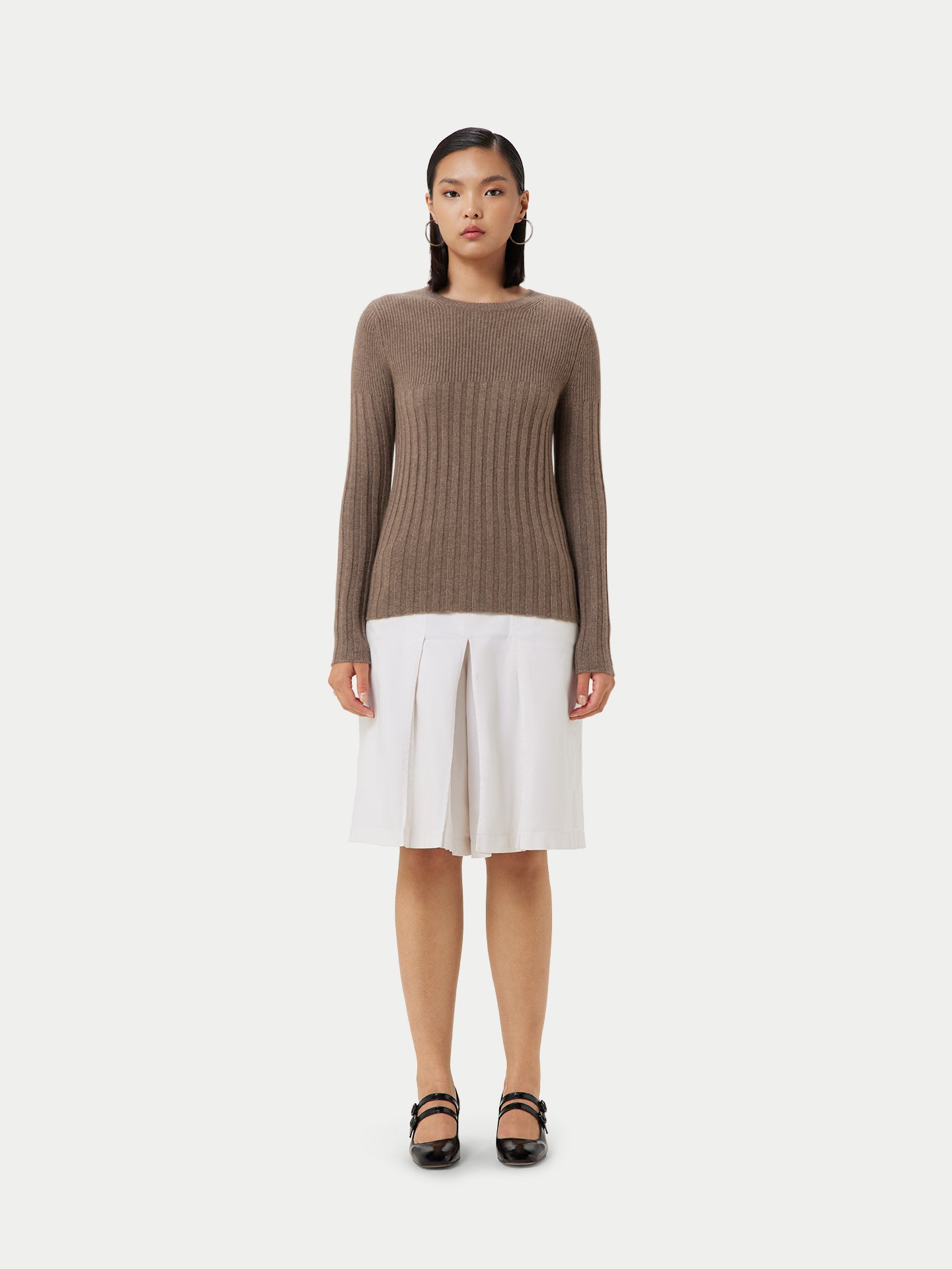 Women's Organic Rib-Knit Cashmere Crew Neck Sweater Taupe - Gobi Cashmere