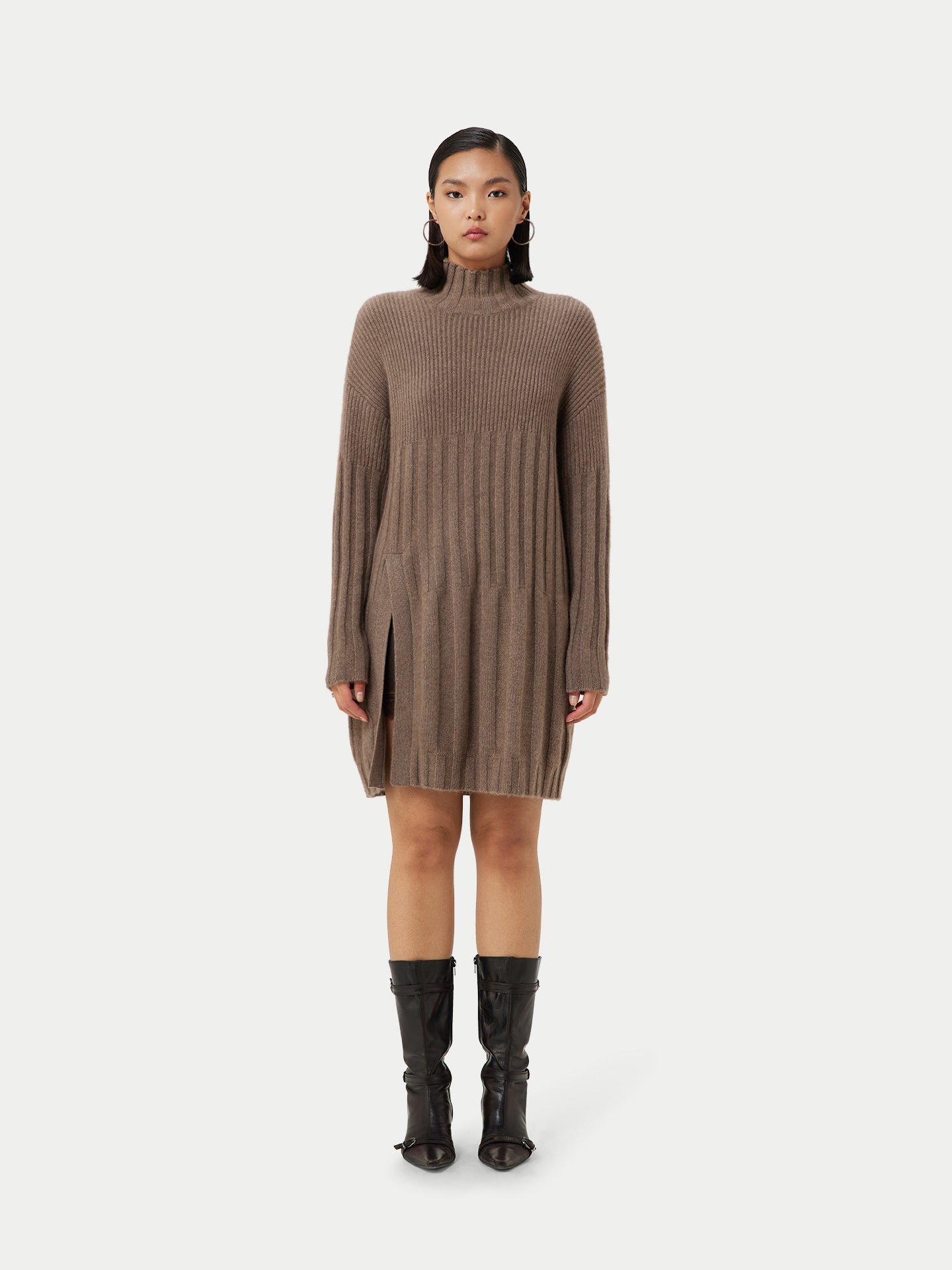 Women's Organic Front Slit Cashmere Sweater Taupe - Gobi Cashmere