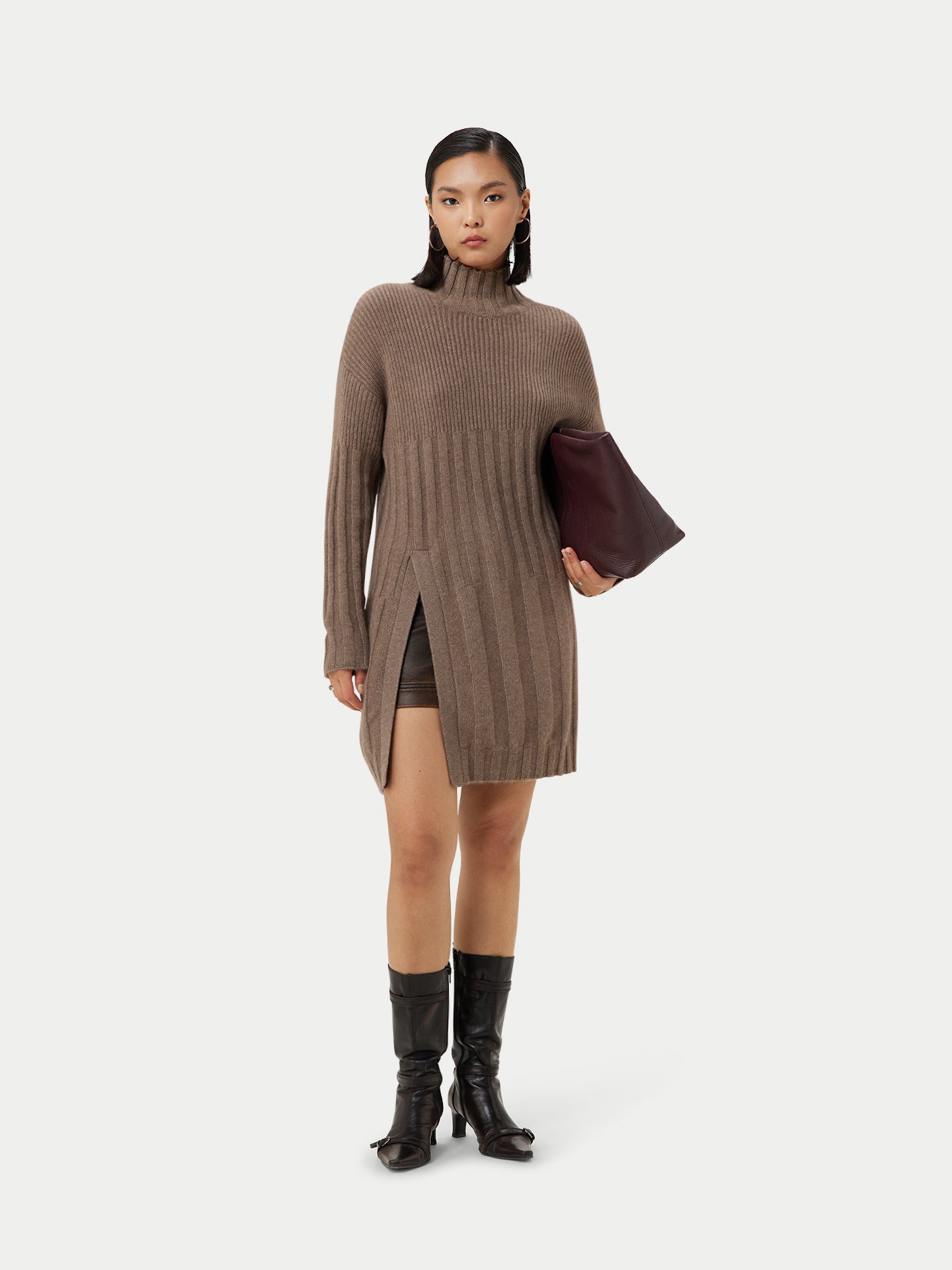 Women's Organic Front Slit Cashmere Sweater Taupe - Gobi Cashmere