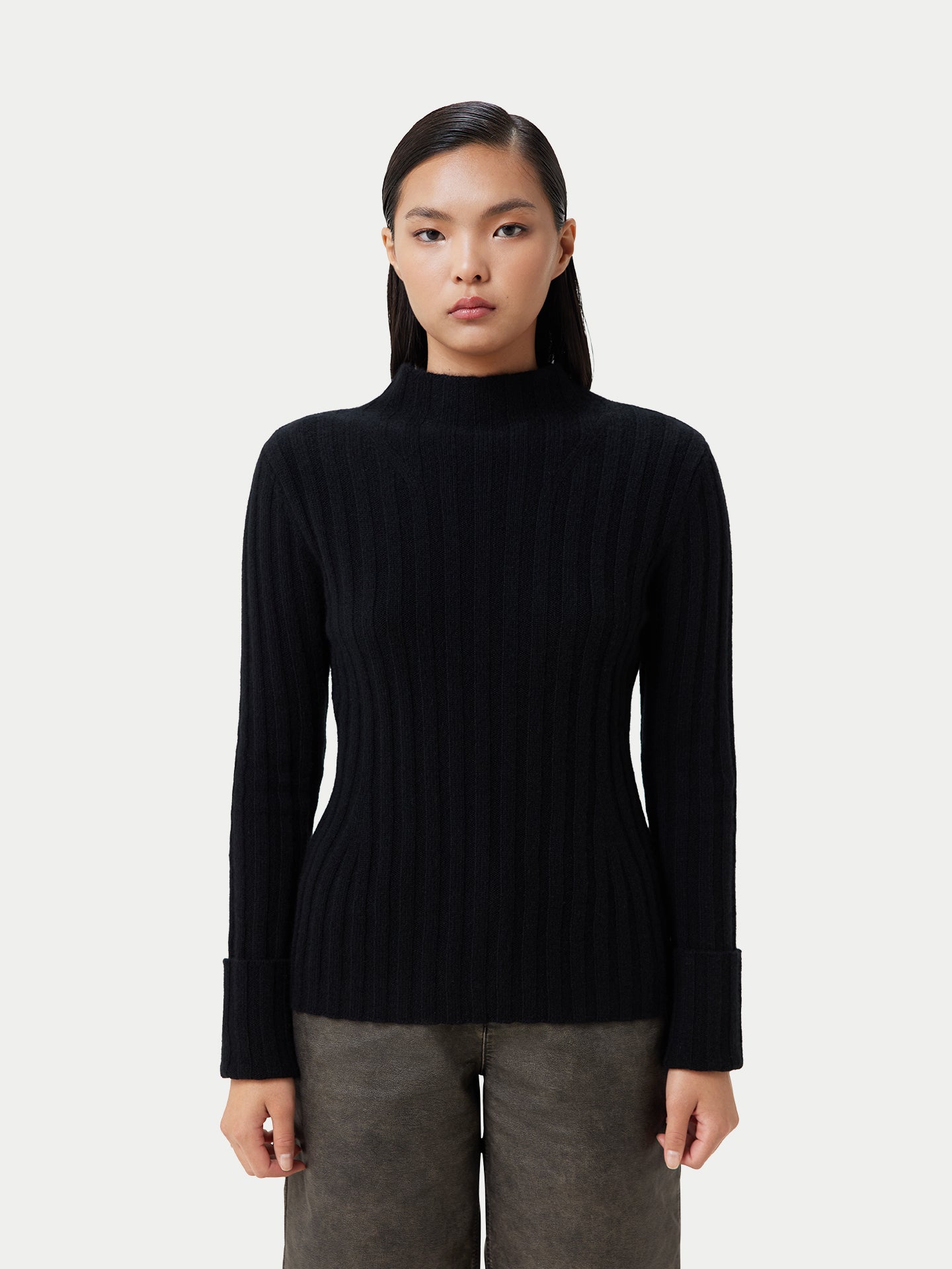 Women's Cashmere Turn-Up Cuffs Sweater Black - Gobi Cashmere