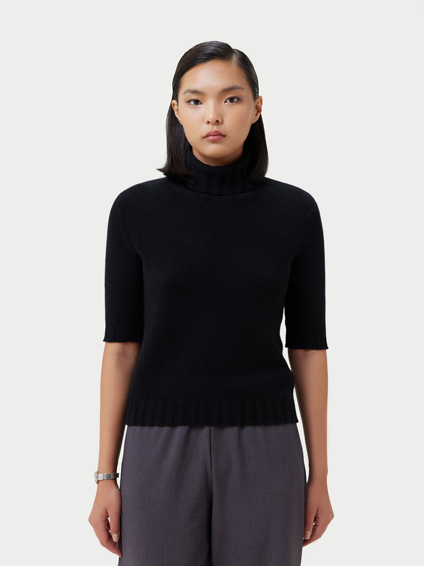 Women's Jersey Knitted Cashmere Top Black - Gobi Cashmere