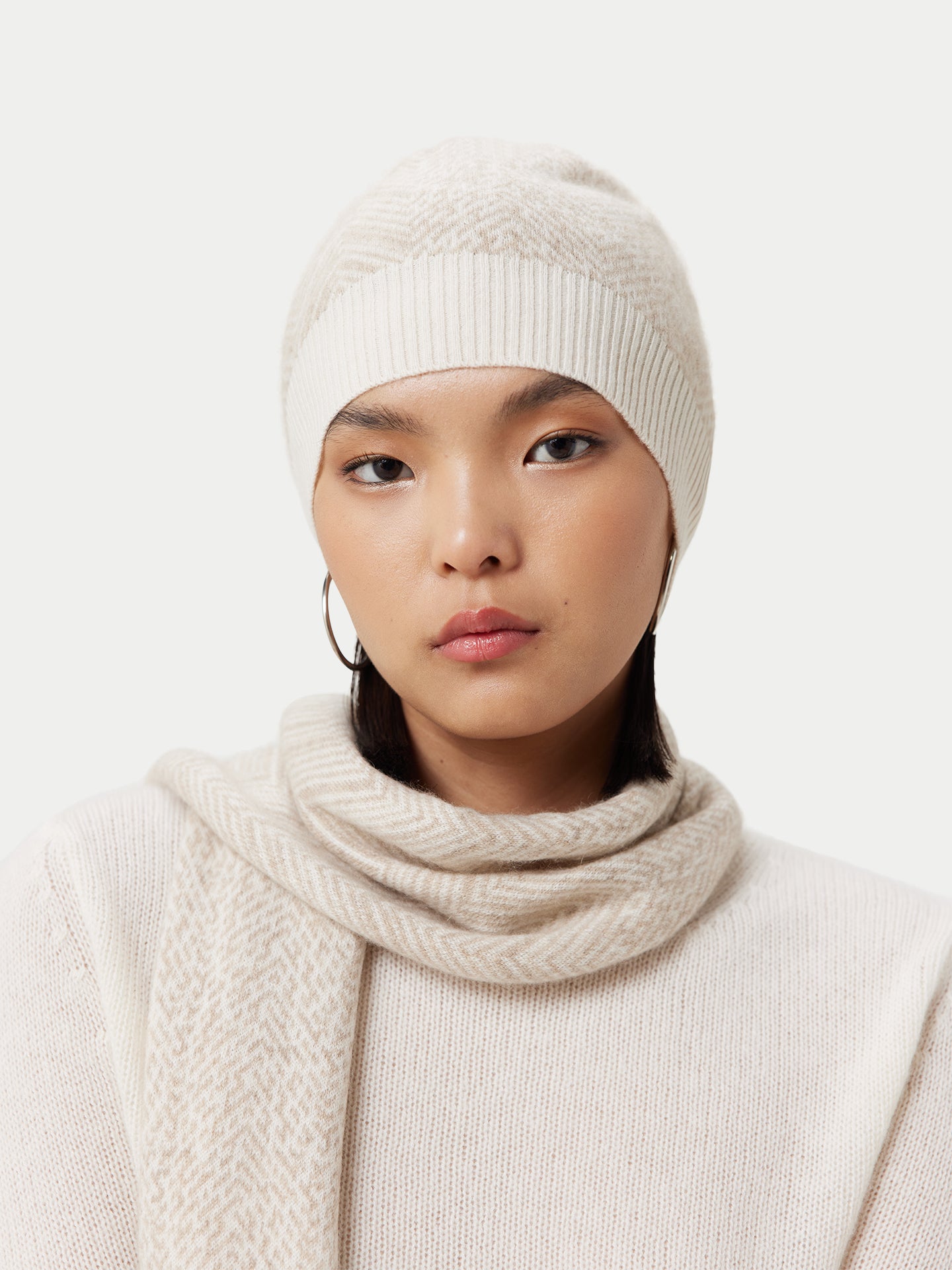 Unisex Cashmere Jacquard Knitted Hat Coconut Milk - Gobi Cashmere