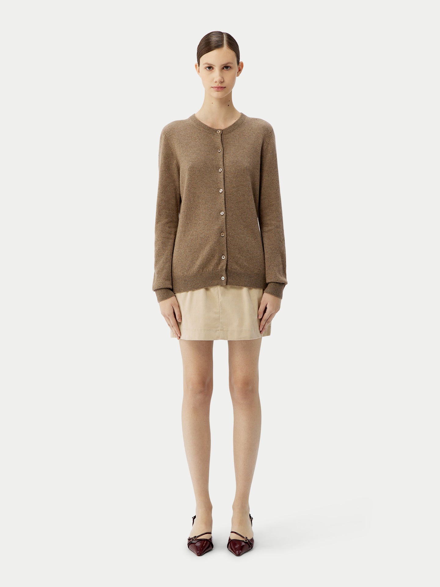 Women's Cashmere Crew Neck Cardigan Taupe - Gobi Cashmere