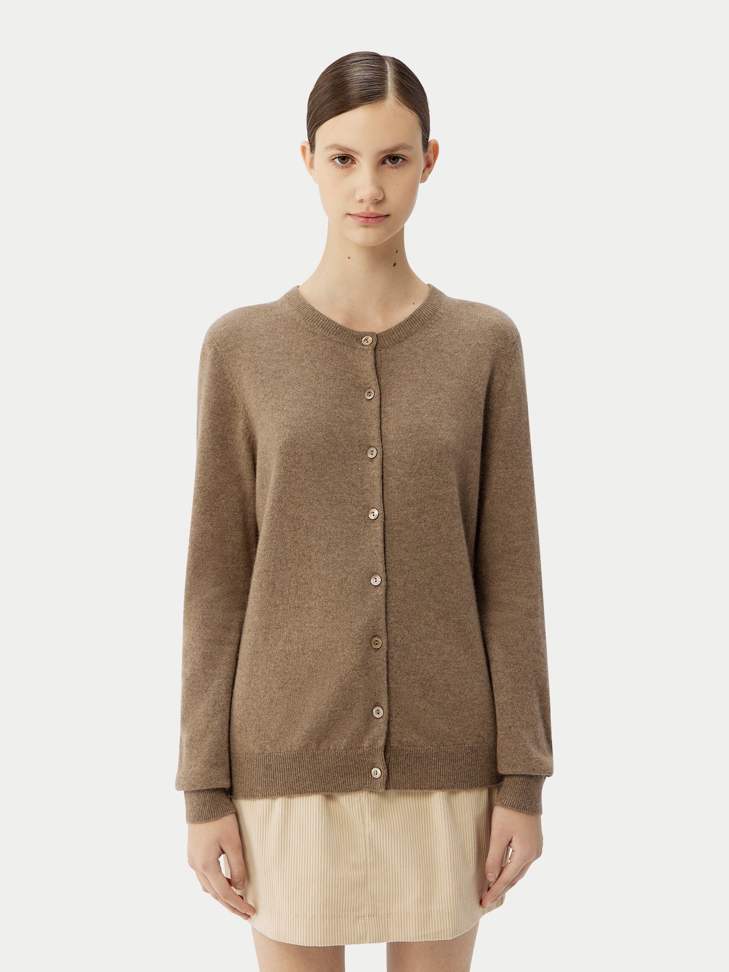 Women's Cashmere Crew Neck Cardigan Taupe - Gobi Cashmere