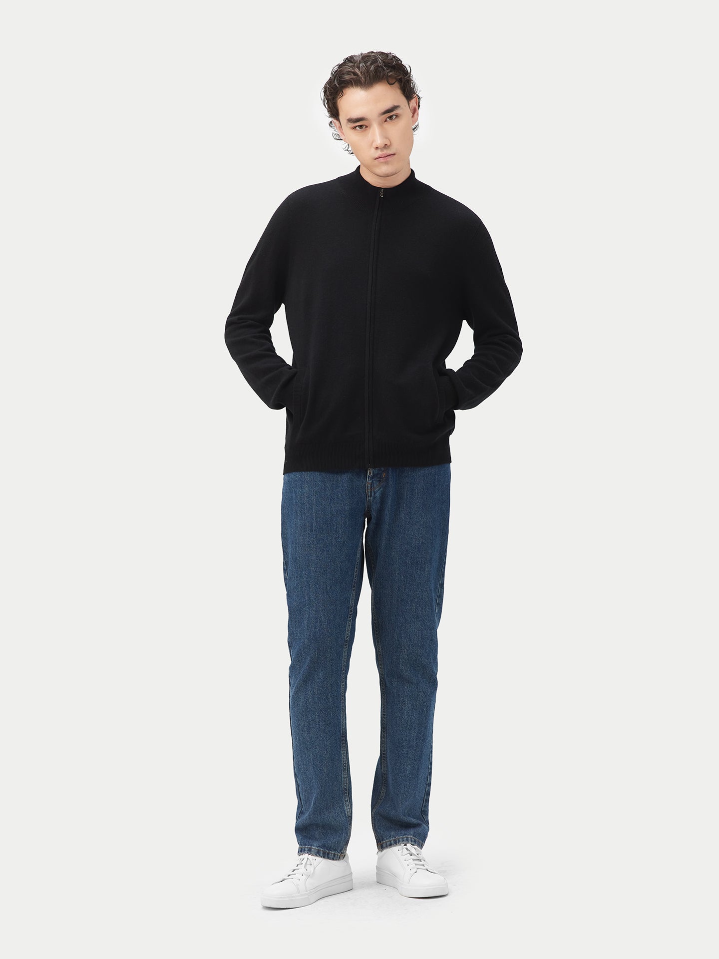 Men's Cashmere Full Zip Cardigan Black - Gobi Cashmere