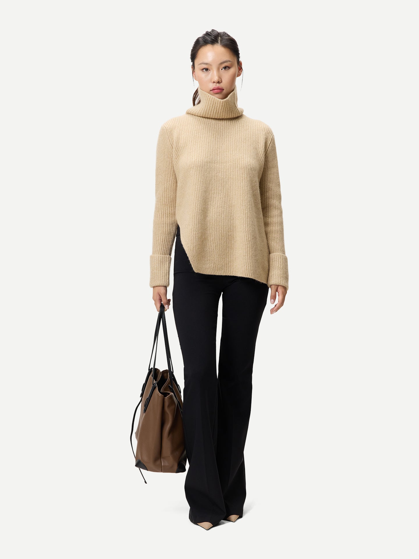 Organic Colour Cashmere Sweater with Detachable Collar Beige - Gobi Cashmere
