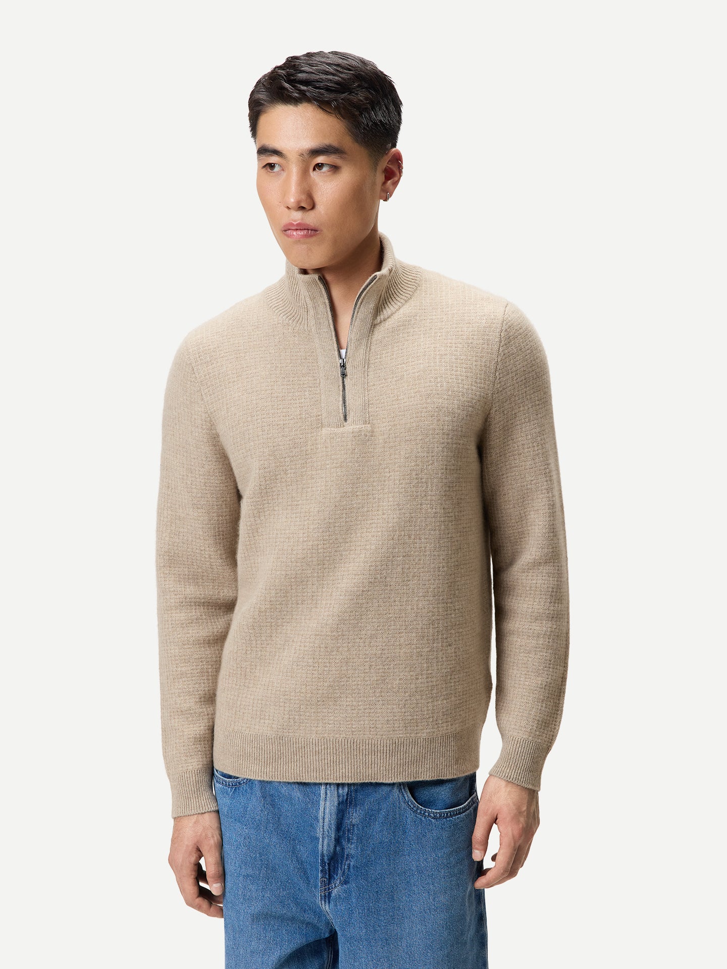 Men's Organic Colour Cashmere Waffle Knit Half-Zip Sweater
