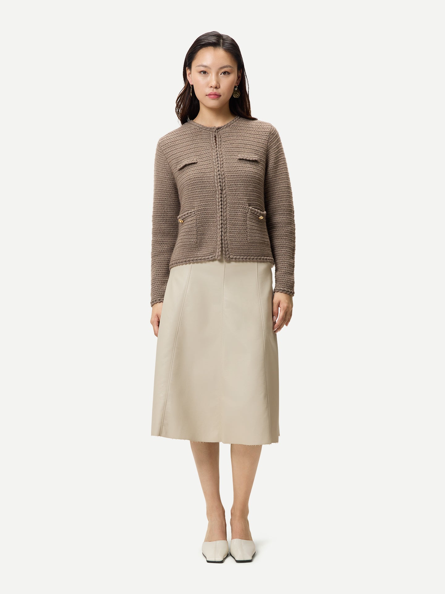 Organic Colour Textured Knit Cashmere Jacket-Style Cardigan Taupe - Gobi Cashmere