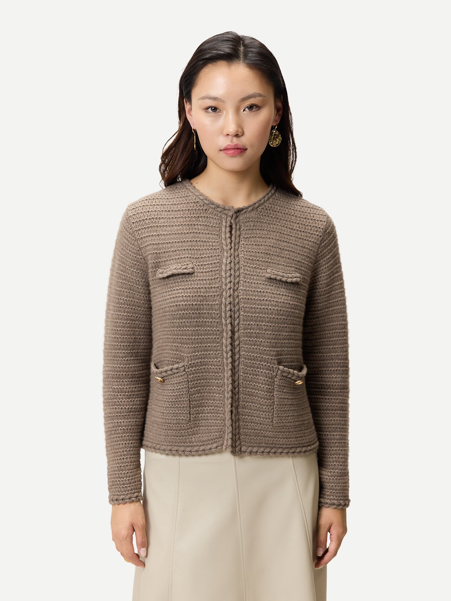 Organic Colour Textured Knit Cashmere Jacket-Style Cardigan Taupe - Gobi Cashmere