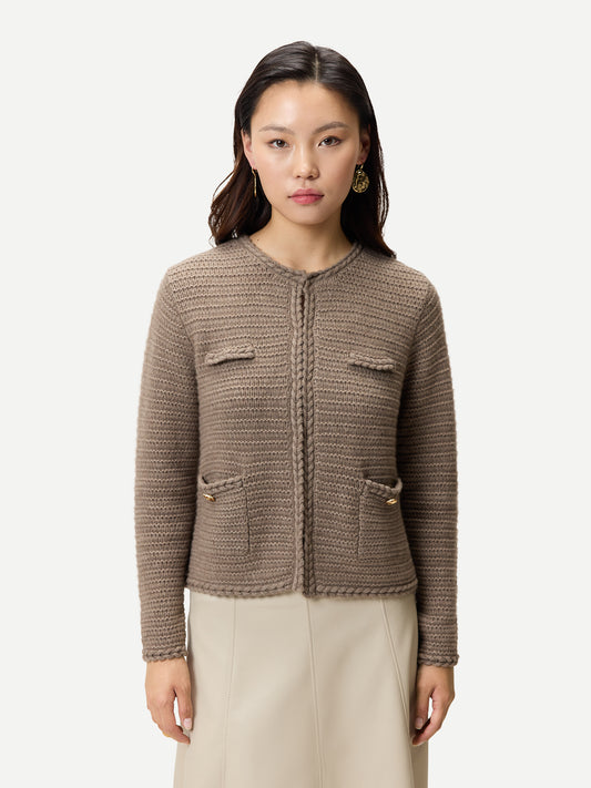 Organic Colour Textured Knit Cashmere Jacket-Style Cardigan Taupe - Gobi Cashmere
