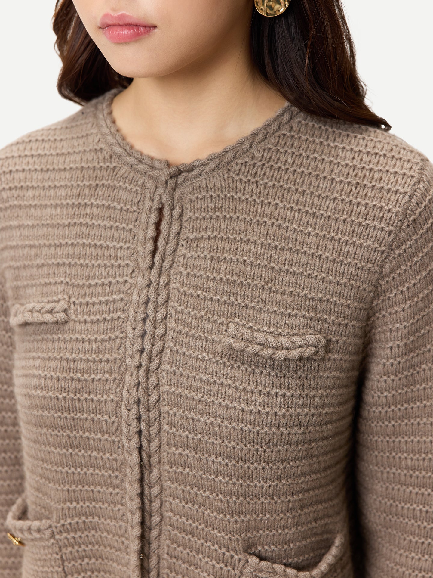 Organic Colour Textured Knit Cashmere Jacket-Style Cardigan Taupe - Gobi Cashmere