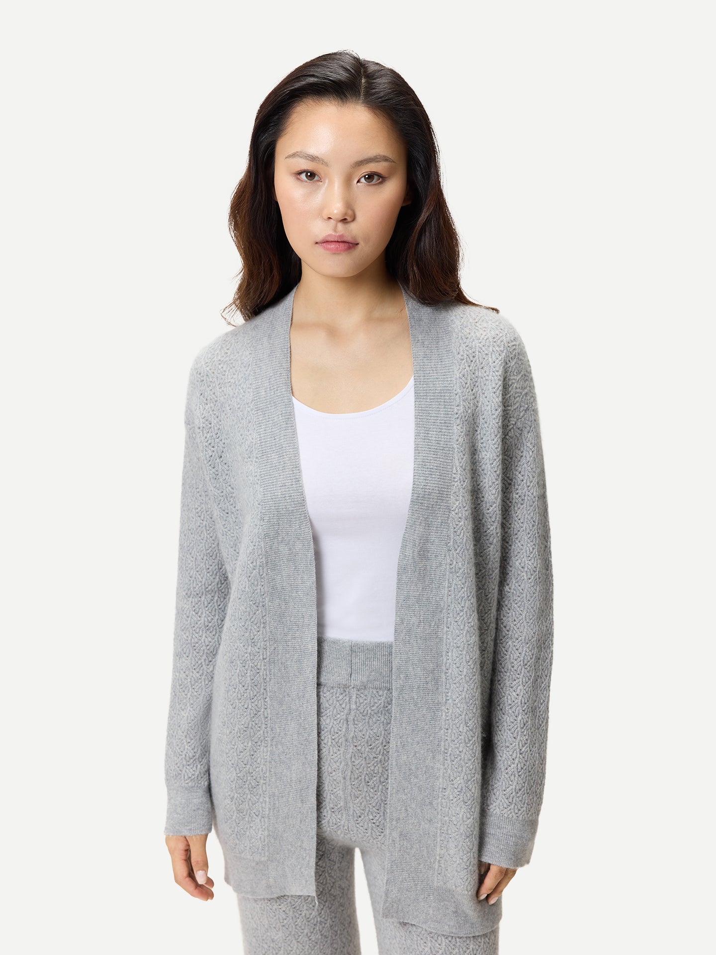Ajour Knit Open-Front Cashmere Cardigan