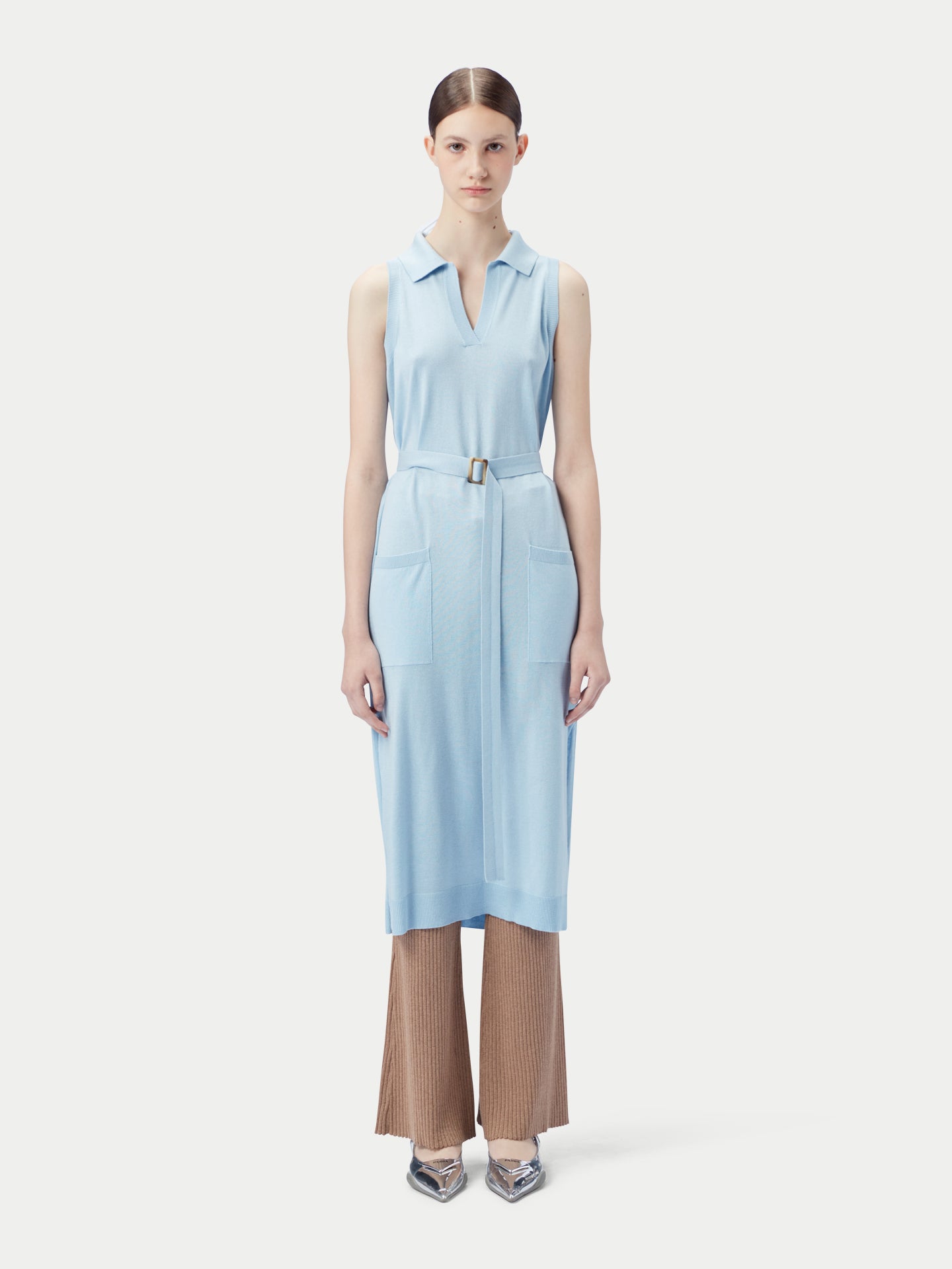 Women's Sleeveless Silk Cashmere Polo Dress Powder Blue - Gobi Cashmere