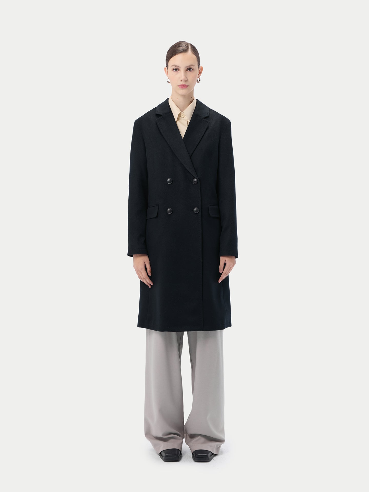 Women's Notch Lapel Midi-Length Cashmere Coat Black - Gobi Cashmere