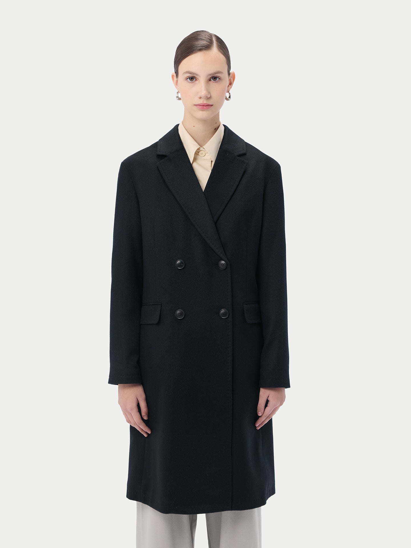 Women's Notch Lapel Midi-Length Cashmere Coat Black - Gobi Cashmere