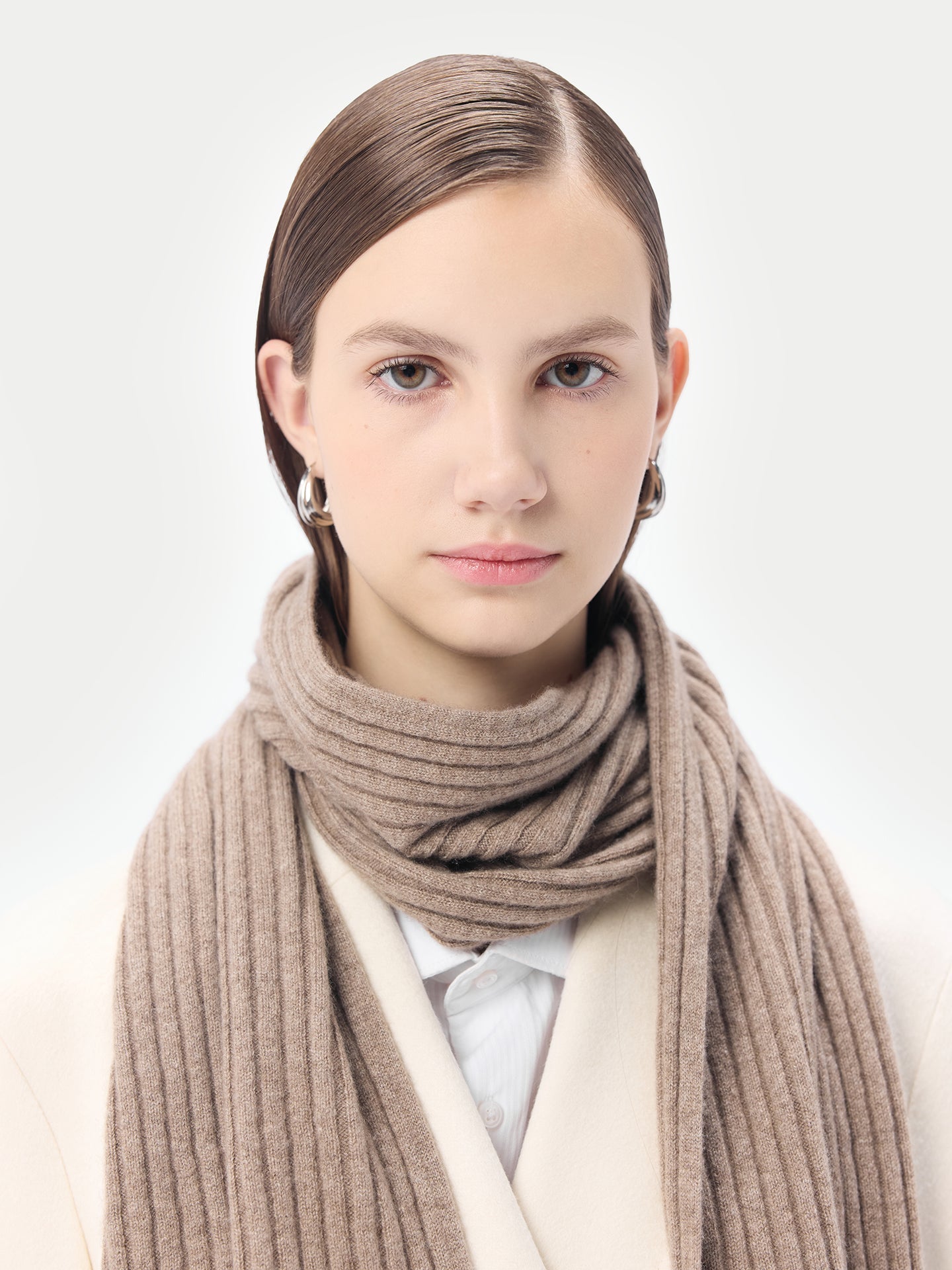 Unisex Organic Cashmere Rib Knit Scarf Taupe - Gobi Cashmere 