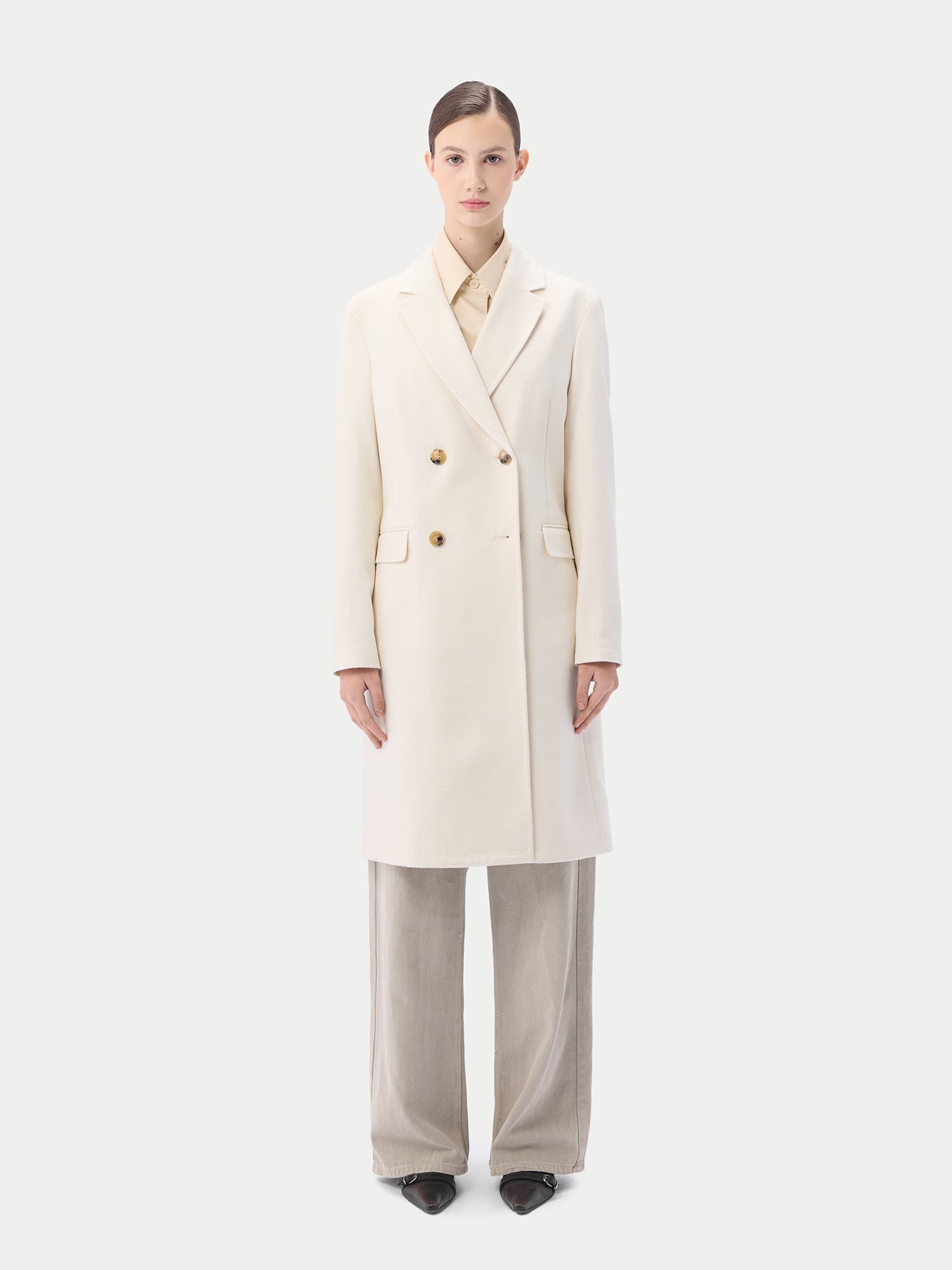 Women's Notch Lapel Midi-Length Cashmere Coat White - Gobi Cashmere